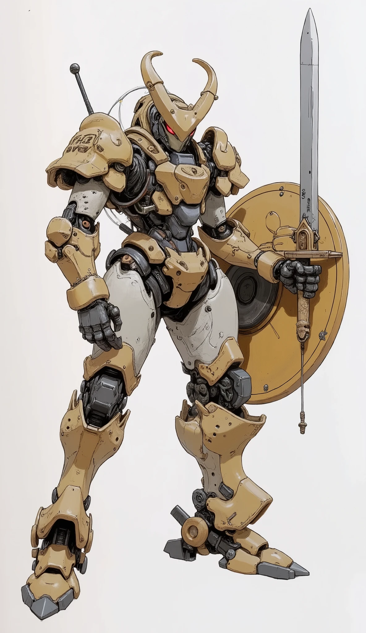 Close up of a robot with a sword and shield, cool Mecha style, greek god in Mecha style,  Omegamon concept art , # Mecha, High quality color sketch, Mecha suit,  Evangelion Concept Art , アニメ Mecha アーマー, mixed with organic matter, Mecha inspired, full body Mecha suit, modern Mecha anime
