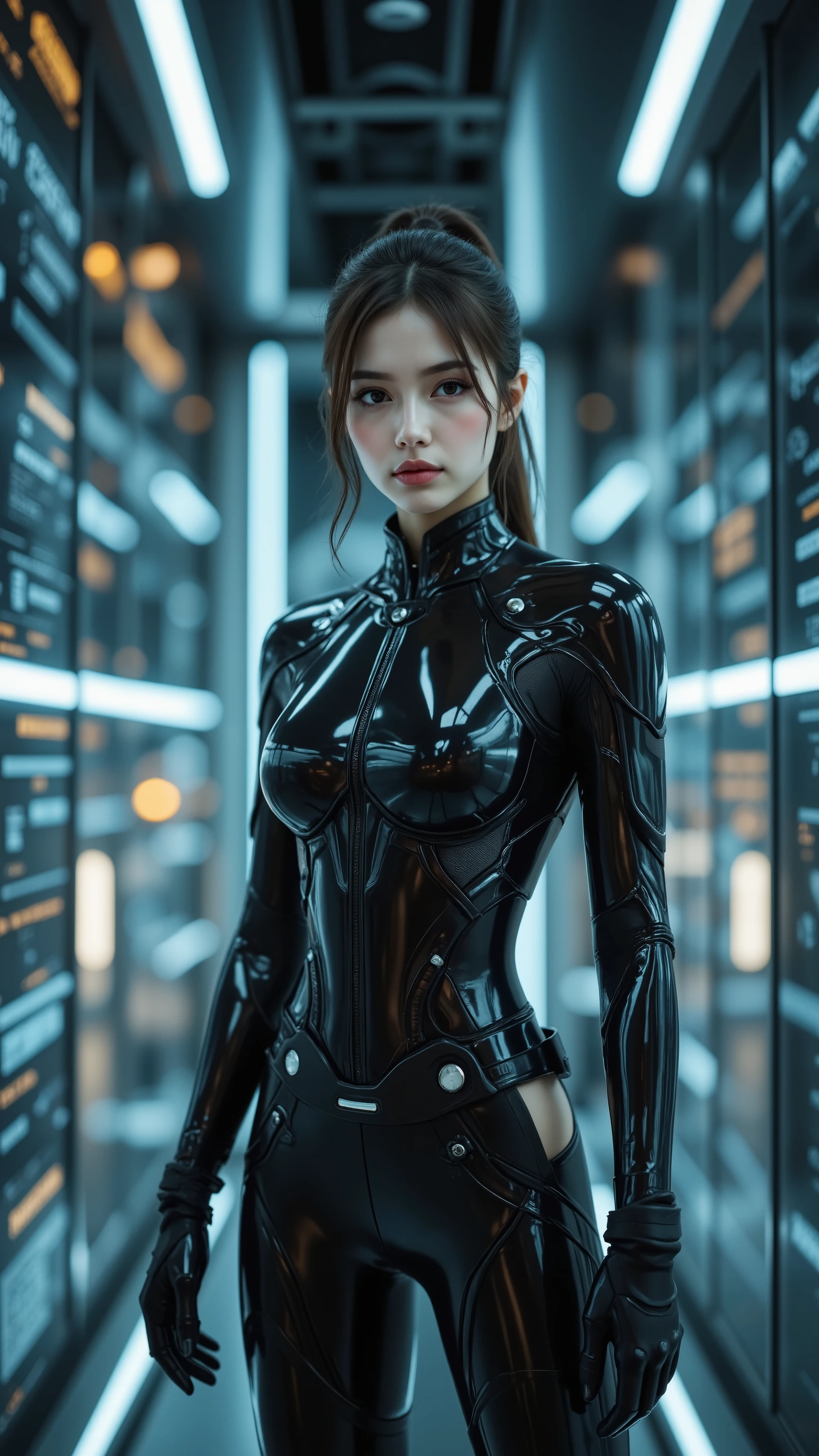 best quality, top quality, masterpiece, techno operator woman in a black tight cyber suit, floating, Babyface, Energy Tower mainframe console shining through layers of glass, Viewpoint seen from slightly below , Backlight Effects, Realistic, Physically Based Rendering, Ultra Detailed Description, Professional, Vivid Colors, bokeh effect