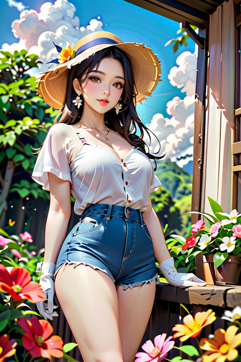 Distant Shot, Clean Face, (Masterpiece: 1.2, 8K)(PureErosFace_V1:0.7), (Cameltoe:1.2)
Mature Japanese on her farm, wearing short shorts, shirt tied in front, straw hat, bare shoulder, collarbone, outdoors, big eyes, seductive smile, early morning, perfect, gorgeous sun, birds, flower plantation, farmers admired for their beauty, blue eyes, earrings, thick thighs, thin waist, huge breasts, bicolor long hair, pores, realistic skin, makeup