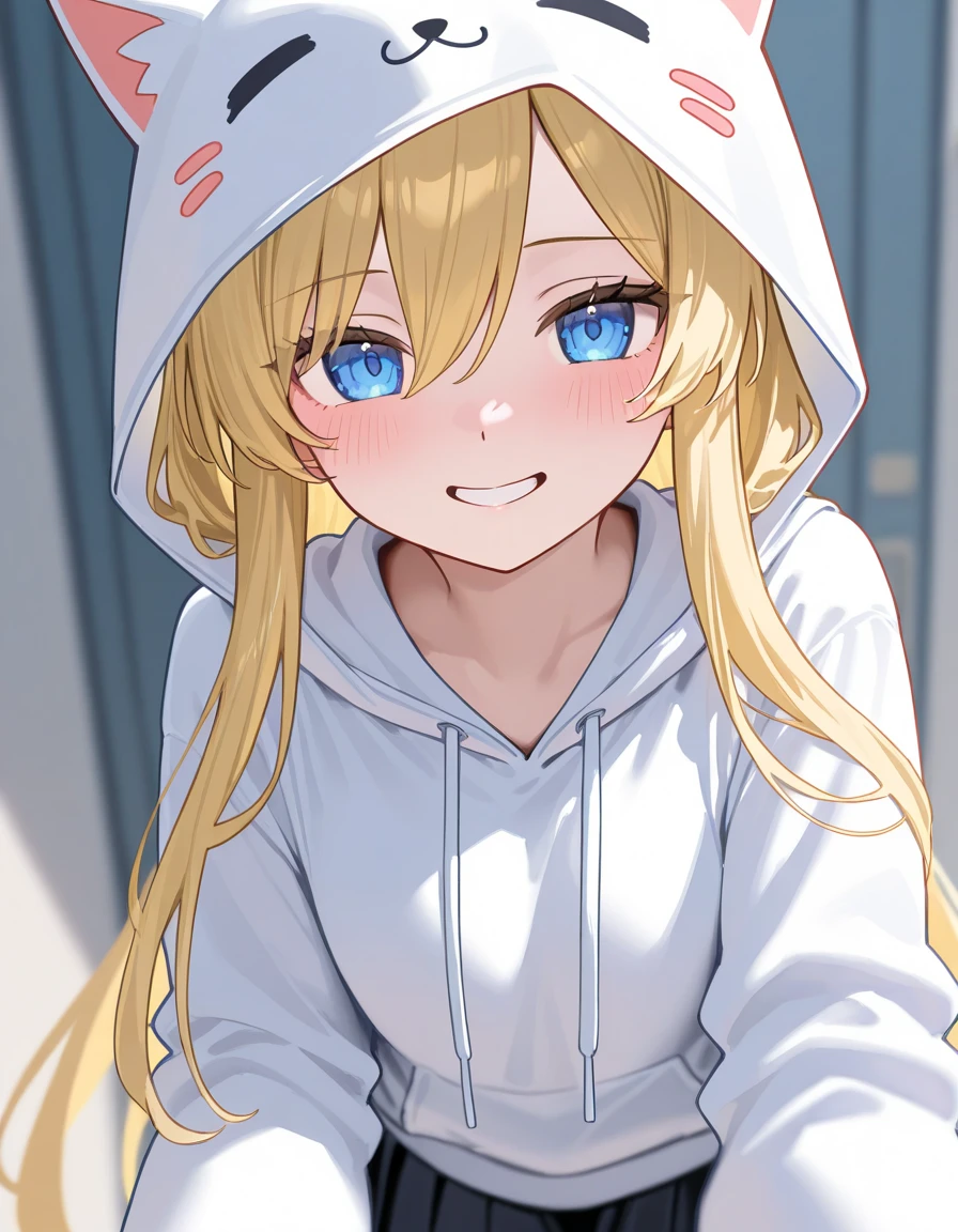 (((grayscale)))(masterpiece:1.2, best quality), (graffiti wall:1.15)(1 elegant girl, light blue hair, long hair, ultramarine eyes, medium breasts, pale skin, charming smile, blush), (rain coat, hood up, zipper up), (sitting on steps), (raining, raindrops, park, street, sunset), (depth of field, cowboy shot),,Eiko Tsukimi, blue eyes, braid, twin braids, (((blonde hair)))), semi long hair,baseball cap