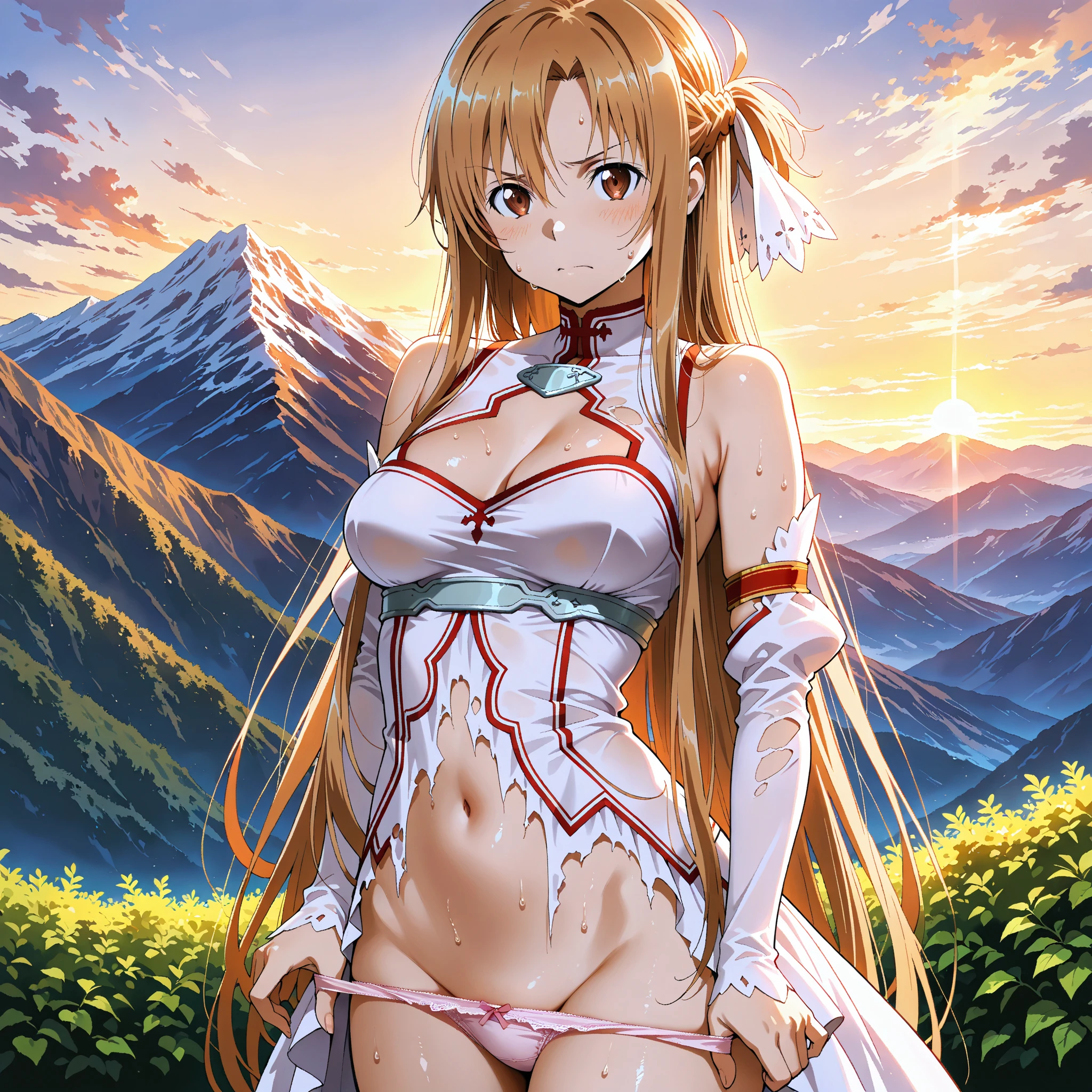 ((best quality)), ((masterpiece)), (detailed), perfect face, Asuna yuuki, white and red armor, long orange and blonde hair yellow eyes, white gloves, flowing skirt, in a flower field, large naked tits