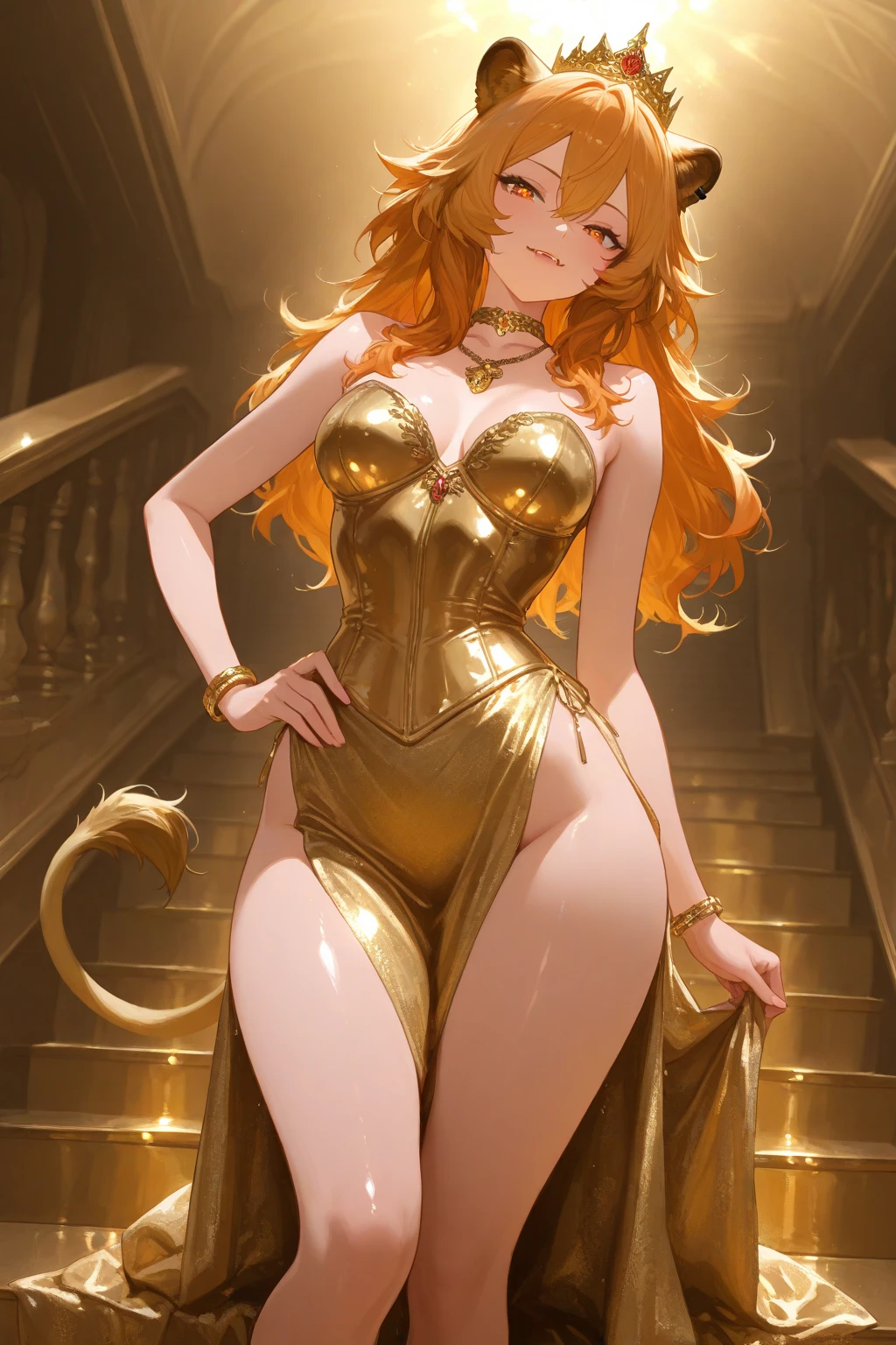 female, golden yellow long hair, blue eyes, (((1girl))), (((sexy lion costume))), (black heeled boots), (golden yellow stockings), cute and sexy, full body, large breasts, long legs, smiling