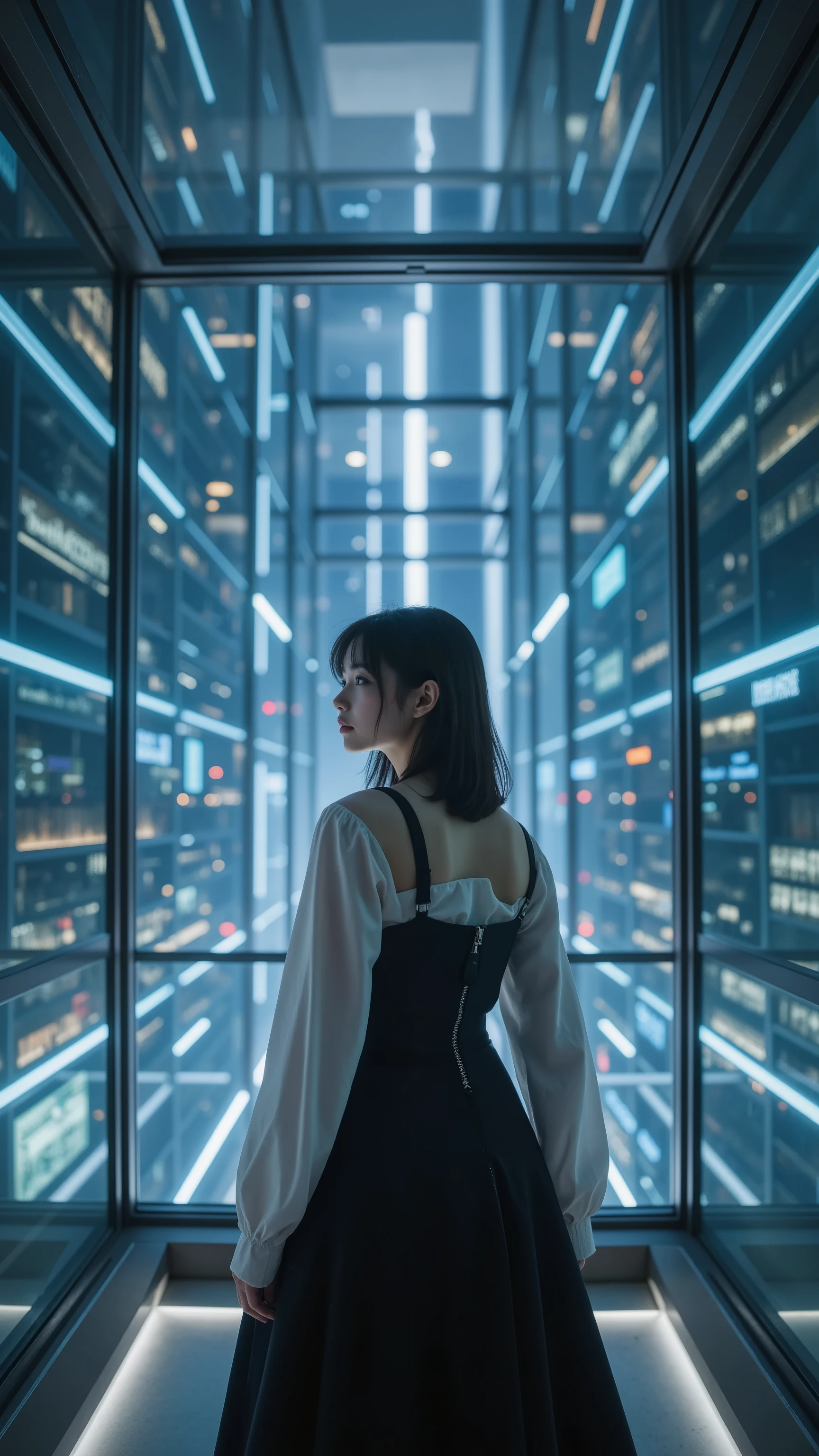 (best quality, top quality, masterpiece), top qualityの黒いサイバースーツを着たテクノオペレーターの女性が、connects neural links to the mainframe console of a floating energy tower {x}. Babyface, behind her、The entire city shines on a layer of glass、AI light is illuminated, Viewpoint seen from slightly below , Backlight Effects, ANIMATED PANEL, Realistic, PHYSICAL BASED RENDERING, Ultra Detailed Description, Professional, Vivid Colors, bokeh effect