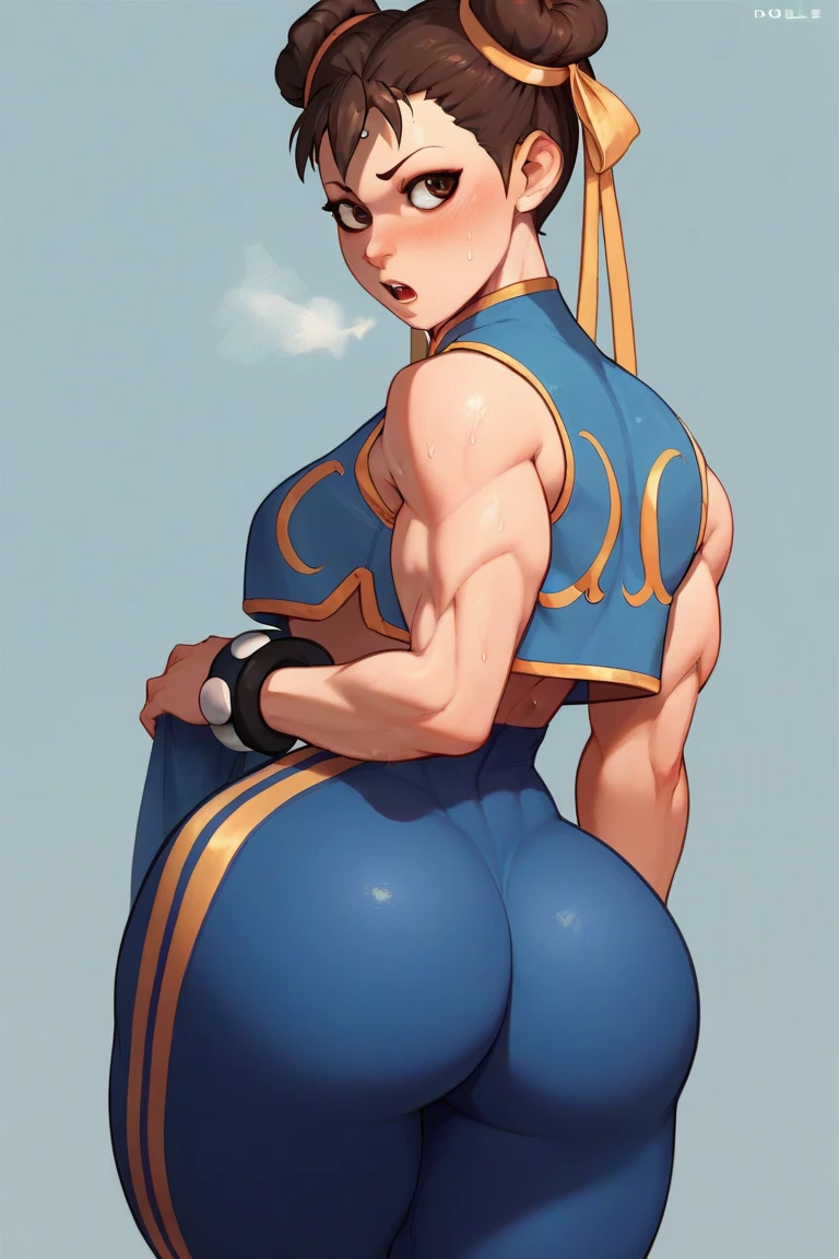 (masterpiece, best quality:1.3), 1female, solo, wide hips, thick thighs, sweaty, large breast, midriff, sweaty body, park, night, , chun-li, from behind, wide ass, perfect ass, ass focus, brown anus, brown nipples, nude. naked, moon, panic, hiding, stumbling