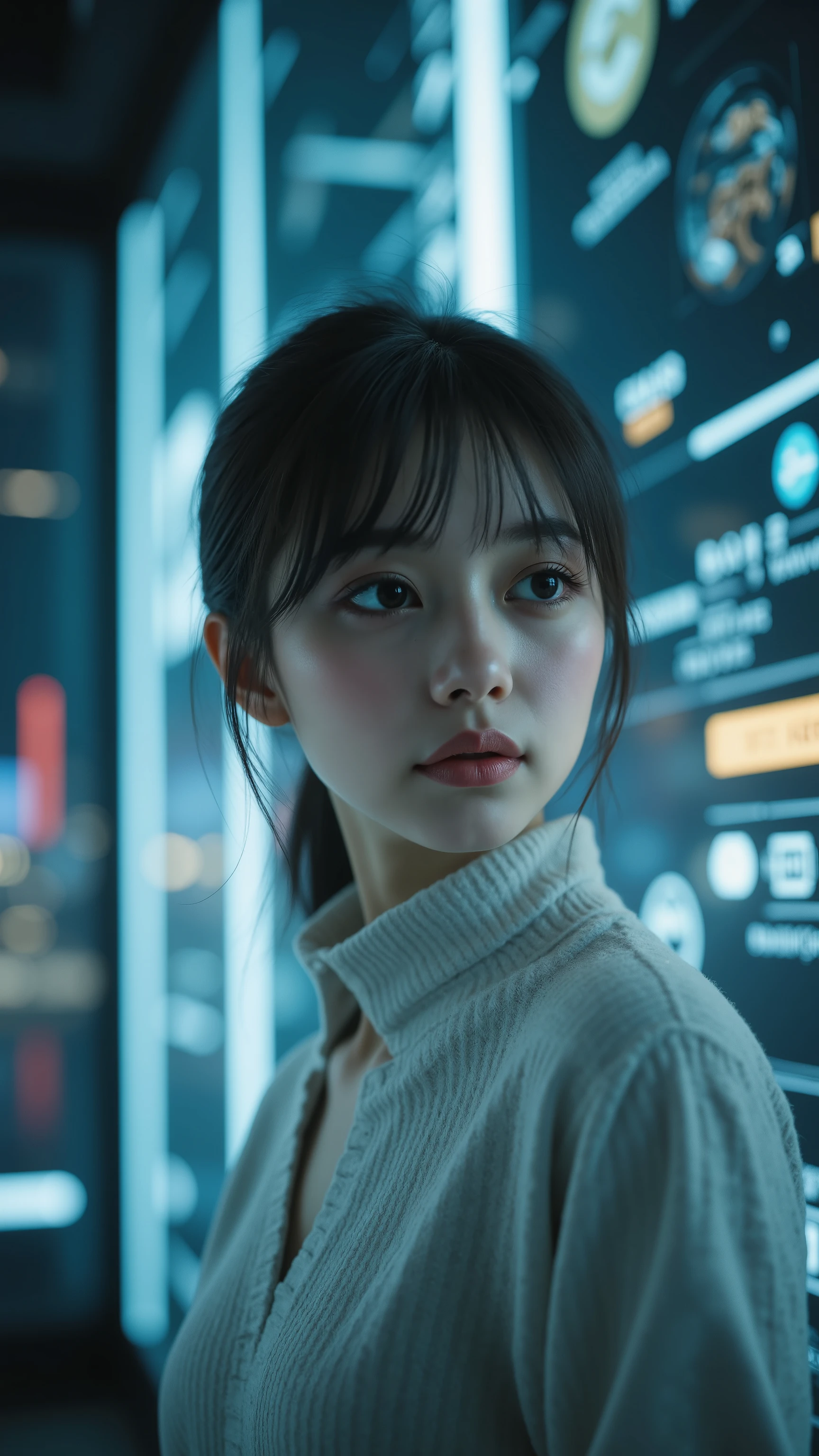 (best quality, top quality, masterpiece), top qualityの黒いサイバースーツを着たテクノオペレーターの女性が、connects neural links to the mainframe console of a floating energy tower {x}. Babyface, behind her、The entire city shines on a layer of glass、AI light is illuminated, Viewpoint seen from slightly below , Backlight Effects, ANIMATED PANEL, Realistic, PHYSICAL BASED RENDERING, Ultra Detailed Description, Professional, Vivid Colors, bokeh effect