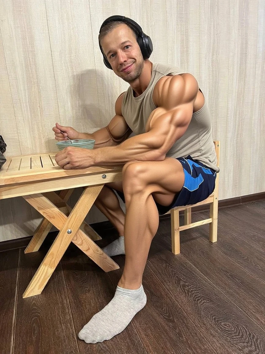 Arafed man sitting in a red chair in a room, posing and flexing, strong and imposing, very handsome. big muscles, super buff and cool, lean and muscular, big muscles, exaggeratedly great physique, physical bodybuilder, ifbb fitness body, absurdly muscular, massive muscles, exaggerated physique, huge muscles, exaggerated muscle physique, keep the face of the original photo