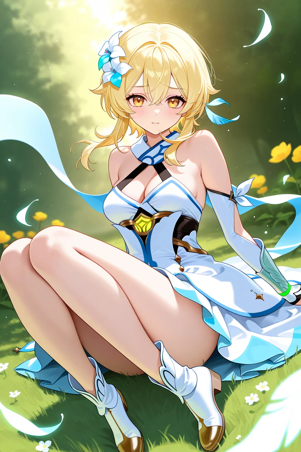 source_anime, rating_explicit, score_9, score_8_up, score_7_up, portrait, outdoors, lumine, sitting, grass, looking up, sitting down on th ground, looking at viewer, spread legs, dress, romance, romantic