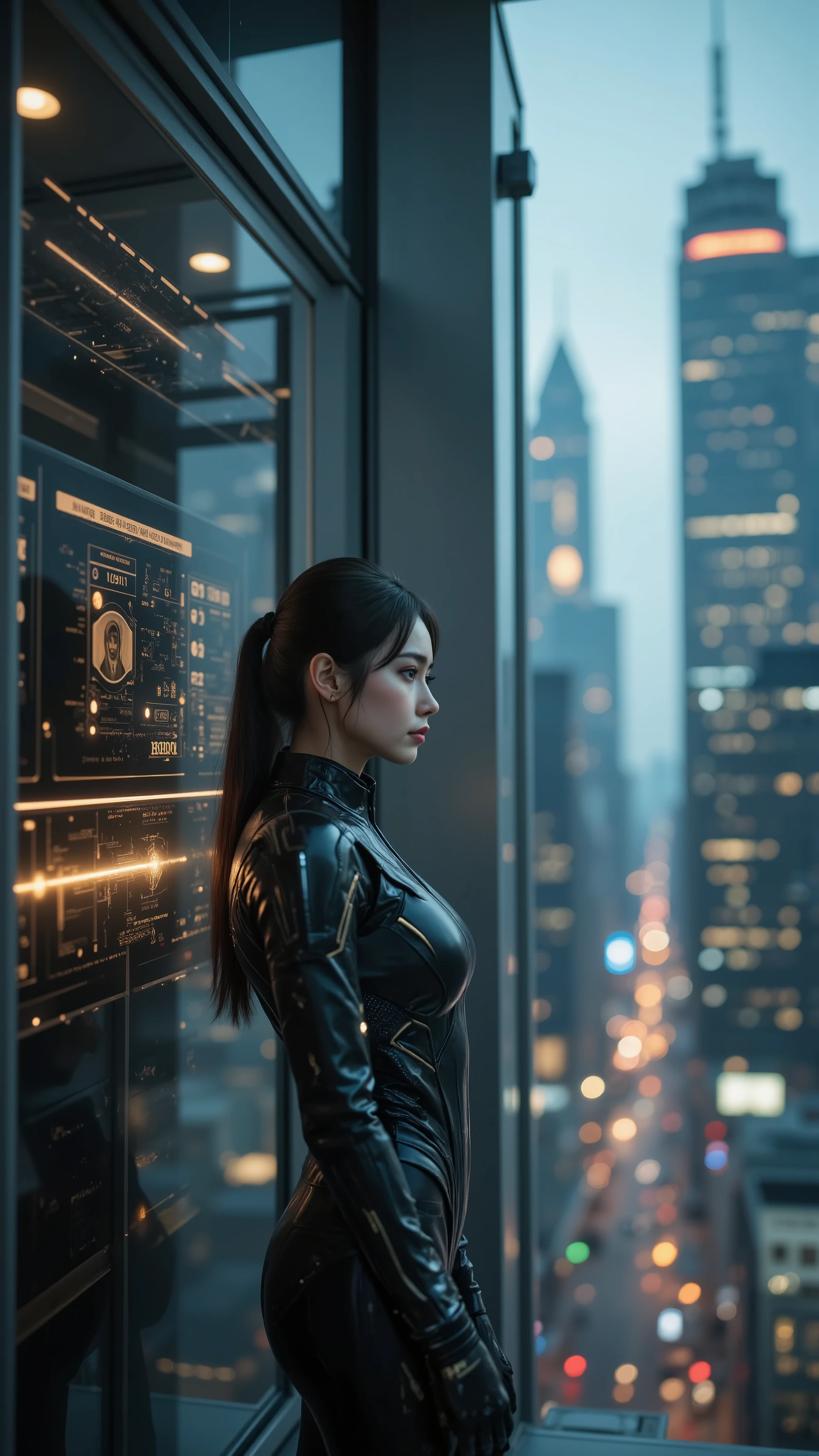 female techno operator in a black cyber suit、connecting neural links to a glowing mainframe console on the side of a floating energy tower {x}. Behind her, entire city shines on a layer of glass, , And AI light.
— 3/4 figures, A slightly higher point of view, Backlight Effects, advanced suit with animated panels, glowing circuit texture