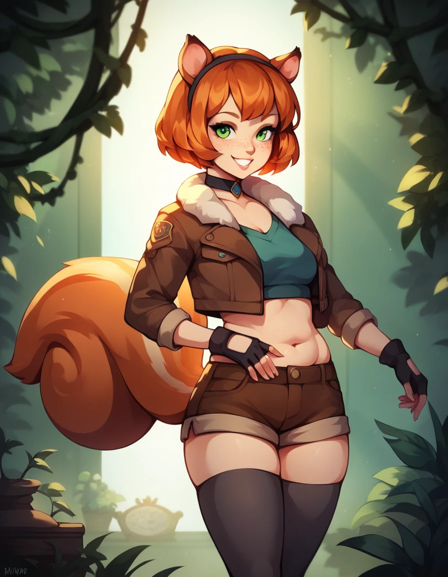 (((5 fingers))) , masterpiece,best quality, 8k,1girl,solo,piratetawna,two-tone hair,ear piercing,detailed eyes,(furry) ,short hair,green eyes,blush, (short jacket) ,cleavage,crossed arms,look is flirtie,smile,forest,cartoon style, cute, (breast:1.4) full body picture, thick thighs, camel toe, night city, night time sky full of stars,