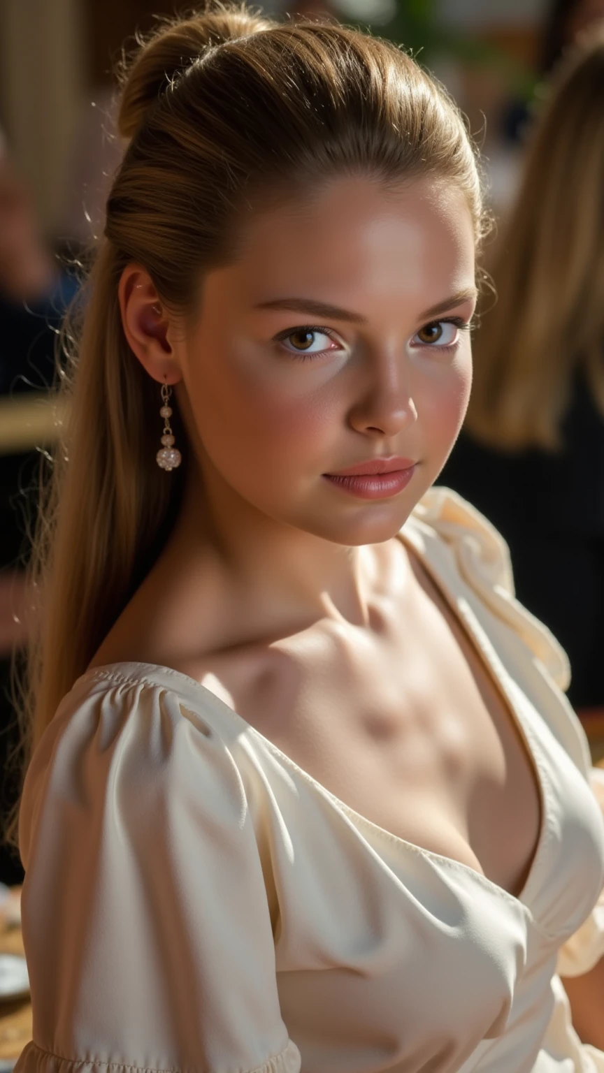 IN Roman Baths, blonde hair woman facing away from viewer, PALE BLUE EYES, ((SEMI-TRANSPARENT WHITE ROMAN TOGA)), Detailed skin, detailed body, perfect female body, big breasts , HOURGLASS BODY, Natural Skin Texture, realistic skin, skin pores, skin detail, PALE SKIN TONE, high contrast, intricate detail, young female, glossy lips, luscious lips, pretty nose, lifelike rendering, immersive atmosphere,