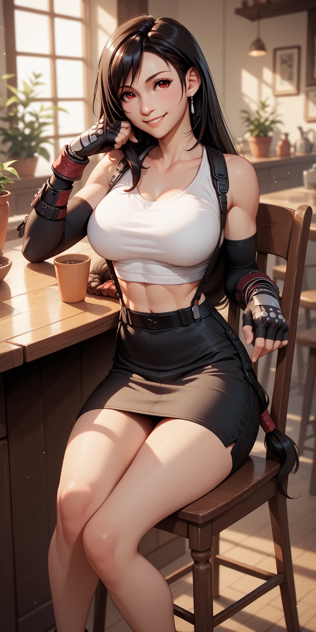 (8K, Top Quality, Masterpiece: 1.2), (Realistic, Photorealistic: 1.37), Ultra HD, Final Fantasy VII Remake's Tifa Lockhart sitting on a date in a highly detailed café in a cityscape A detailed portrait with beautiful detailed eyes and a blushing nose that makes you look cute and solo. She wears single elbow pads, ankle boots, a black skirt, black thigh-highs, red boots, and elbow gloves, elbow pads, and fingerless gloves. Her outfit includes a sports bra, suspender skirt, thigh highs, and a white tank top. The full body is visible with the head resting on the hand, revealing a pretty face, long hair tied low, and lips. The scene is lit with professional lighting, photon mapping and radiosity, creating a cyberfuturistic atmosphere in the style of Tetsuya Nomura. The background features yellow flowers and a bokeh effect. Tifa smiled a little and closed her mouth.