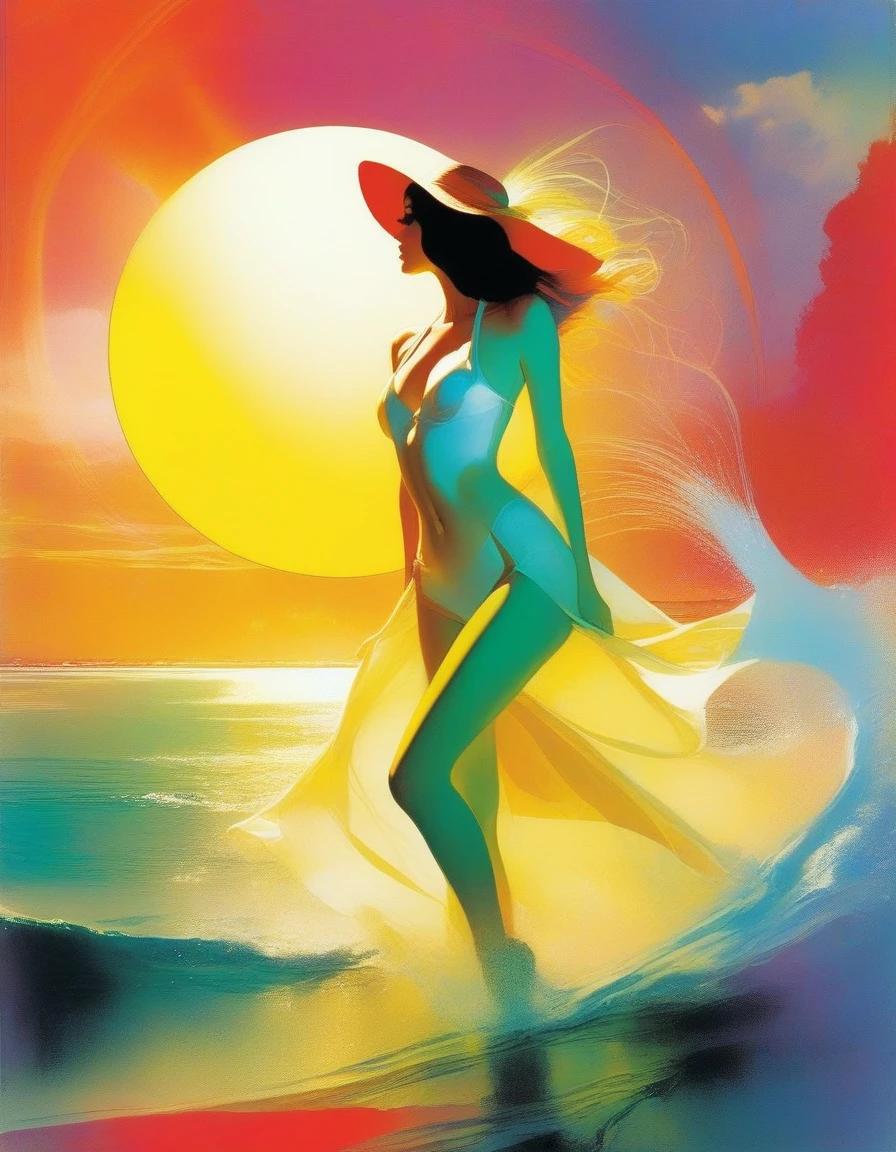 moonlight, at night, beautiful girl on beach, nude, walking, hair blowing in wind, artwork inspired by Bill Sienkiewicz, vivid colors, intricate details, oil.
