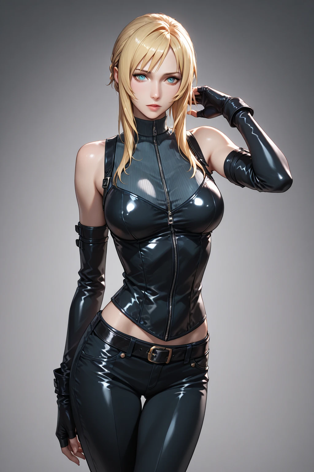 Ultra realistic, cinematic lights, real girl, 16K, best quality, High resolution, hot atmosphere, dream atmosphere, 1 girl, 18 years old, short pale-golden hair, cute bangs over the forehead, pale-turquoise eyes-iris,  eyes look, goth makeup, black lips, pale white skin, skin being brightened, wearing a  black outfit, earrings, fit slim body, big natural , realistic slim hot body, tall and hot girl, seductive, sensual posture, big , thick legs, torn clothes, blurred background, Depth, dream aesthetic, Atmosphere of dream, cinematic lighting. 