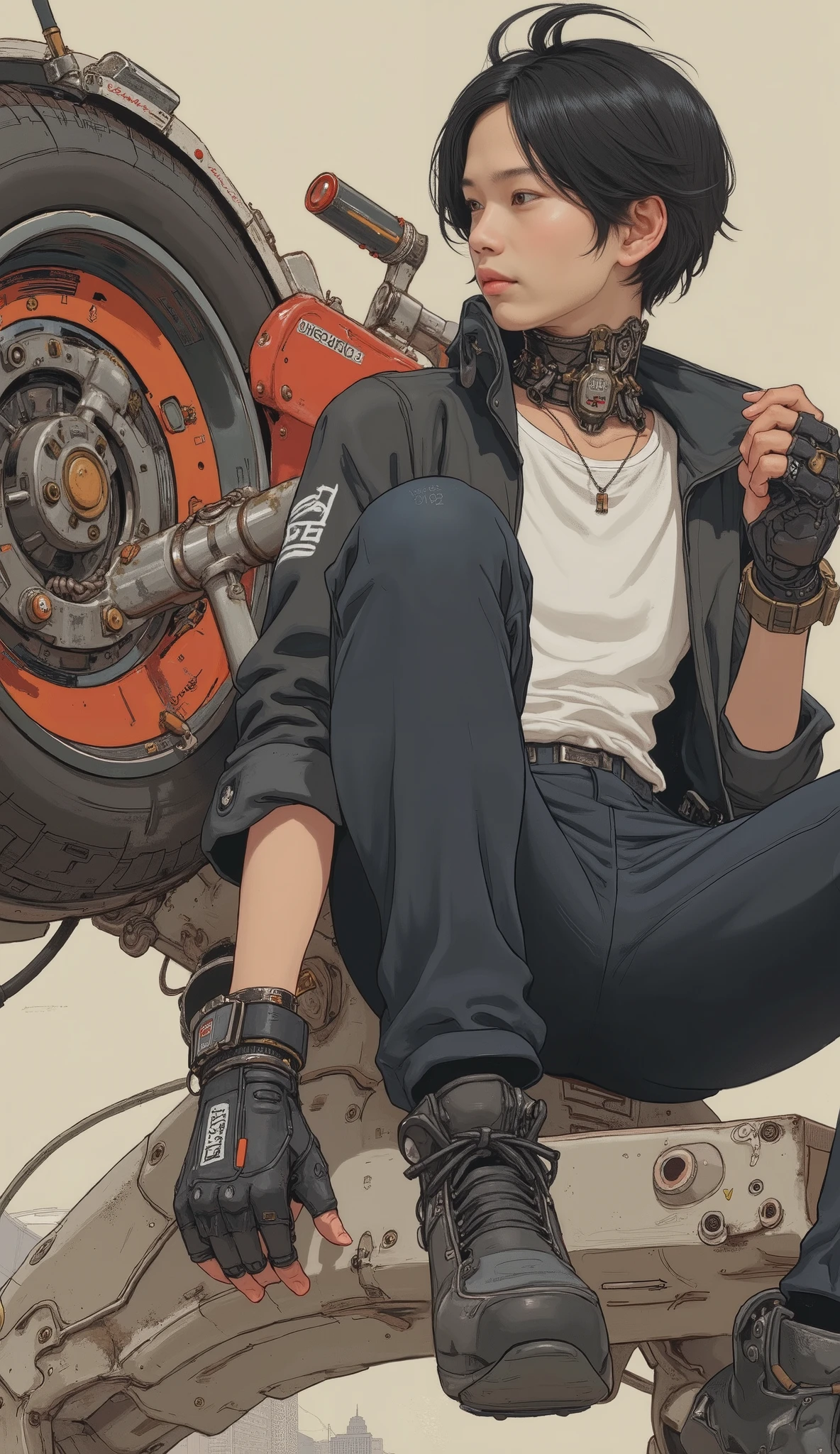 young man pulls his nipple, he's probably in his late teens to early 20s, teeth未来的な, in the upper left corner, rendered in a vibrant palette with a sturdy arm frame. 車両teeth主に赤で、Smooth , with metallic surfaces and intricate mechanical details. 。1つの大きなホイールteeth、relaxed attitude towards the vehicle, artwork suggesting a fusion of motorcycle and robot aesthetics, のタイトルまたteethラベルを示している可能性があります。.

riding。若者teeth中くらいの長さの, black hair and stylish Wear the ensemble、WHITE SHIRT, dark jacket,  and matching pants. 彼teeth落ち着いた, Confident Expression, and one large wheel stands out.  images, teeth、bold hues and shadows blending motorcycle elements, teeth、that stretches upward like an impressive steering wheel {x} conceptual art design {x} and the vehicle's avant-garde design It emphasizes the calm attitude of the characters. 背景teethミニマルです, The young people focus their attention on the subject with a、enhance the overall futuristic vibe. Visible text "FREEDES 1" 's seat, teeth、title or label.