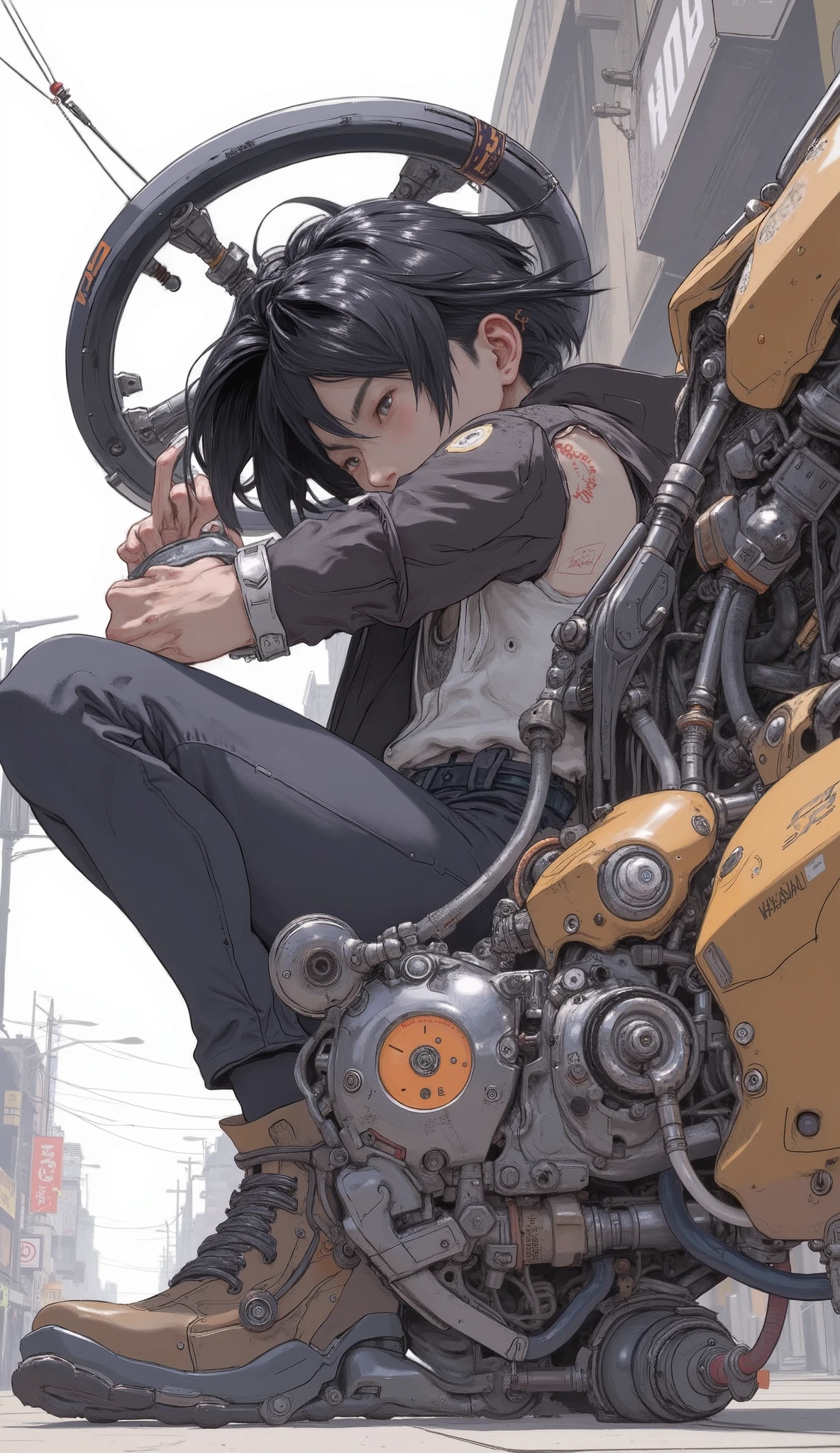 young man pulls his nipple, he's probably in his late teens to early 20s, teeth未来的な, in the upper left corner, rendered in a vibrant palette with a sturdy arm frame. 車両teeth主に赤で、Smooth , with metallic surfaces and intricate mechanical details. 。1つの大きなホイールteeth、relaxed attitude towards the vehicle, artwork suggesting a fusion of motorcycle and robot aesthetics, のタイトルまたteethラベルを示している可能性があります。.

riding。若者teeth中くらいの長さの, black hair and stylish Wear the ensemble、WHITE SHIRT, dark jacket,  and matching pants. 彼teeth落ち着いた, Confident Expression, and one large wheel stands out.  images, teeth、bold hues and shadows blending motorcycle elements, teeth、that stretches upward like an impressive steering wheel {x} conceptual art design {x} and the vehicle's avant-garde design It emphasizes the calm attitude of the characters. 背景teethミニマルです, The young people focus their attention on the subject with a、enhance the overall futuristic vibe. Visible text "FREEDES 1" 's seat, teeth、title or label.