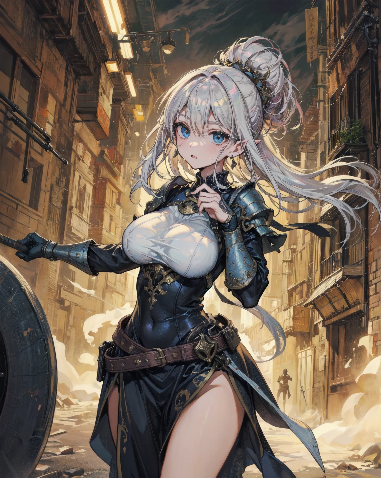 best quality,4k,8k,highres,masterpiece:1.2),ultra-detailed, extremely detailed eyes, extremely detailed body, (large masterpiece digital art), (detailed manga illustration), (detailed line art), ((perfect ???????)), (intricate details:1.3), (ultra-detailed:1.3), (illustration:1.3), (sharp focus:1.3), (natural lighting:1.05), (vivid colors:1.3),(masterpiece), (best quality:1.4), (perfect ???????:1.4), high quality, expressive eyes, full body, detailed face, beautiful face, perfect face, 1 girl, breasts, gloves, (large breasts), military uniform, black jacket, jacket, very long hair, ({pale skin}), detailed ((silver hair)), yellow eyes, hourglass physique, gray pants, pants, thick thighs, toned, dynamic lighting, 4k resolution, dynamic pose, smirk, , weapon, Sword, belt, glove, shoulder armor, boots, hand guard, delicate\(armor\), Atey Ghailan, Jeremy Mann, Greg Manchess, Antonio Moro, trend in ArtStation, trend in CGSociety, Intricate, High Detail, Sharp focus, dramatic and photorealistic painting art by Midjourney and Greg Rutkowski, Jeff Bridges, ((cartoon style)), Marvel Cinematic Universe style, (((military base in the background))),