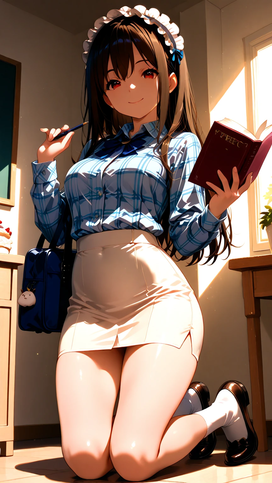 fantastic realism, bokeh, 1girl (30 years old),brown slin,gigantic breasts,hard nipple,slim waist,wide hips,thick thighs,Standing by the bookshelf in a library,perfect ass,bubble butt,reading, yellow pupil,with glasses,((blush)),shy,A small amount of freckles, ((brown cardigan and blue shirt and gray skirt)),lifted up skirt,((black pantyhose)),wavy blonde hair,long  hair,hairpin, nsfw, beautifully detailed woman, beautifully detailed mouth, extremely detailed eyes and face, beautiful detailed eyes,cameltoe,bare ass,cum on ass,thick cum,creampie