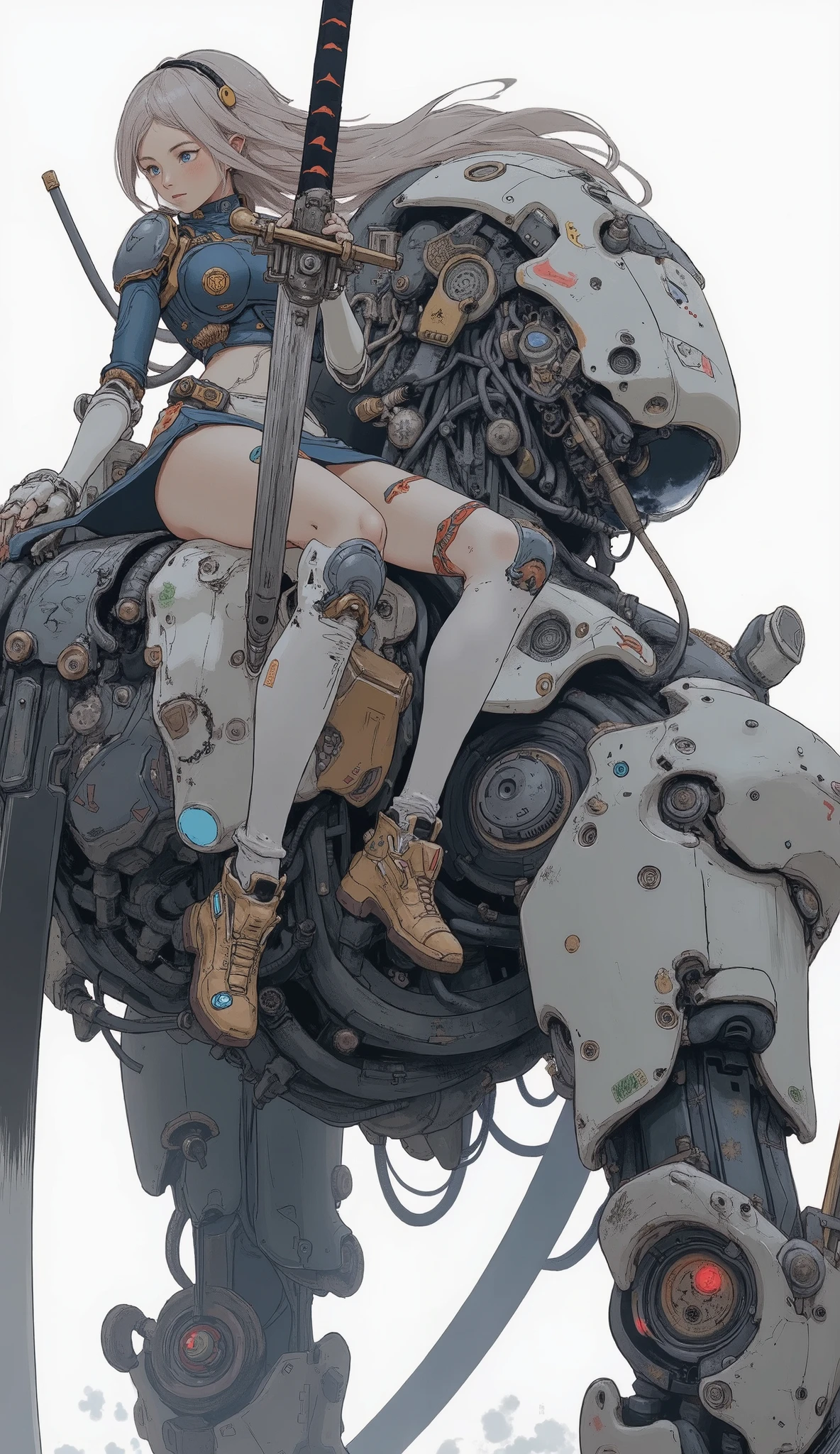 Anime girl sitting on a giant robot with a sword, Krenz Kuschardt, Krenz Kashart and Artem de Mura, inspired Masamune Shirow, anime Mecha aesthetic, Masamune Shirow, inspired Krenz Kuschardt, Krenz Kshart 、Asher Duran, # Mecha