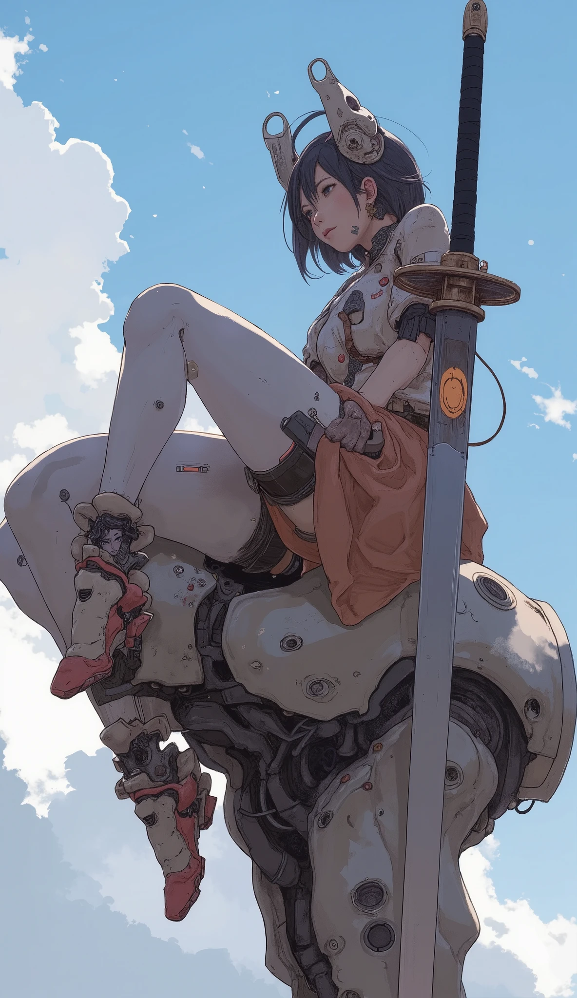Anime girl sitting on a giant robot with a sword, Krenz Kuschardt, Krenz Kashart and Artem de Mura, inspired Masamune Shirow, anime Mecha aesthetic, Masamune Shirow, inspired Krenz Kuschardt, Krenz Kshart 、Asher Duran, # Mecha