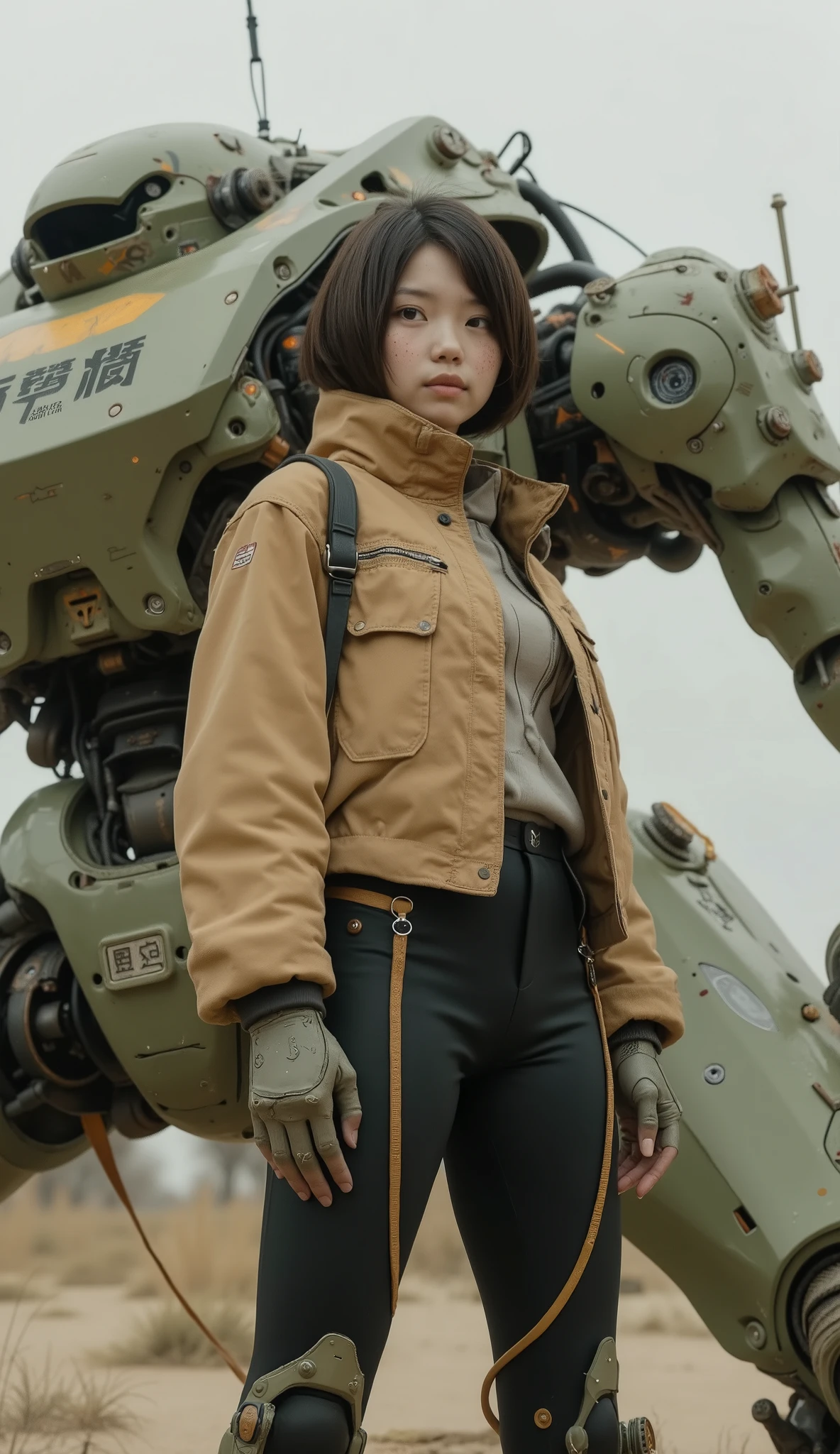 young woman's large, 装甲Mecha, Stylized symbols and Chinese characters are also characterized by. Mecha, a sophisticated blend of modern and futuristic design, is primarily olive green with intricate paneling and mechanical joints that suggest strength and precision. markings such as "SOLG" and "8C5" 表面に深みandディテールを与えています, lending depth and detail to its surface. The woman wears a fashionable ensemble of a tan jacket and sleek black pants with golden accents, which seem both functional and stylish. 女性は黄褐色のジャケットand金色のアクセントが付いた洗練された黒のパンツandいうおしゃれなアンサンブルを着ています. The atmospheric composition combines elements of fantasy and science fiction, evoking themes of adventure and exploration in a world blending technology with natural beauty.