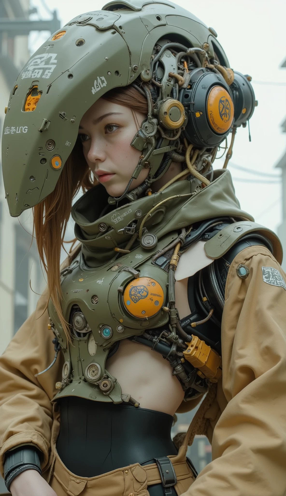 young woman's large, 装甲Mecha, Stylized symbols and Chinese characters are also characterized by. Mecha, a sophisticated blend of modern and futuristic design, is primarily olive green with intricate paneling and mechanical joints that suggest strength and precision. markings such as "SOLG" and "8C5" 表面に深みandディテールを与えています, lending depth and detail to its surface. The woman wears a fashionable ensemble of a tan jacket and sleek black pants with golden accents, which seem both functional and stylish. 女性は黄褐色のジャケットand金色のアクセントが付いた洗練された黒のパンツandいうおしゃれなアンサンブルを着ています. The atmospheric composition combines elements of fantasy and science fiction, evoking themes of adventure and exploration in a world blending technology with natural beauty.