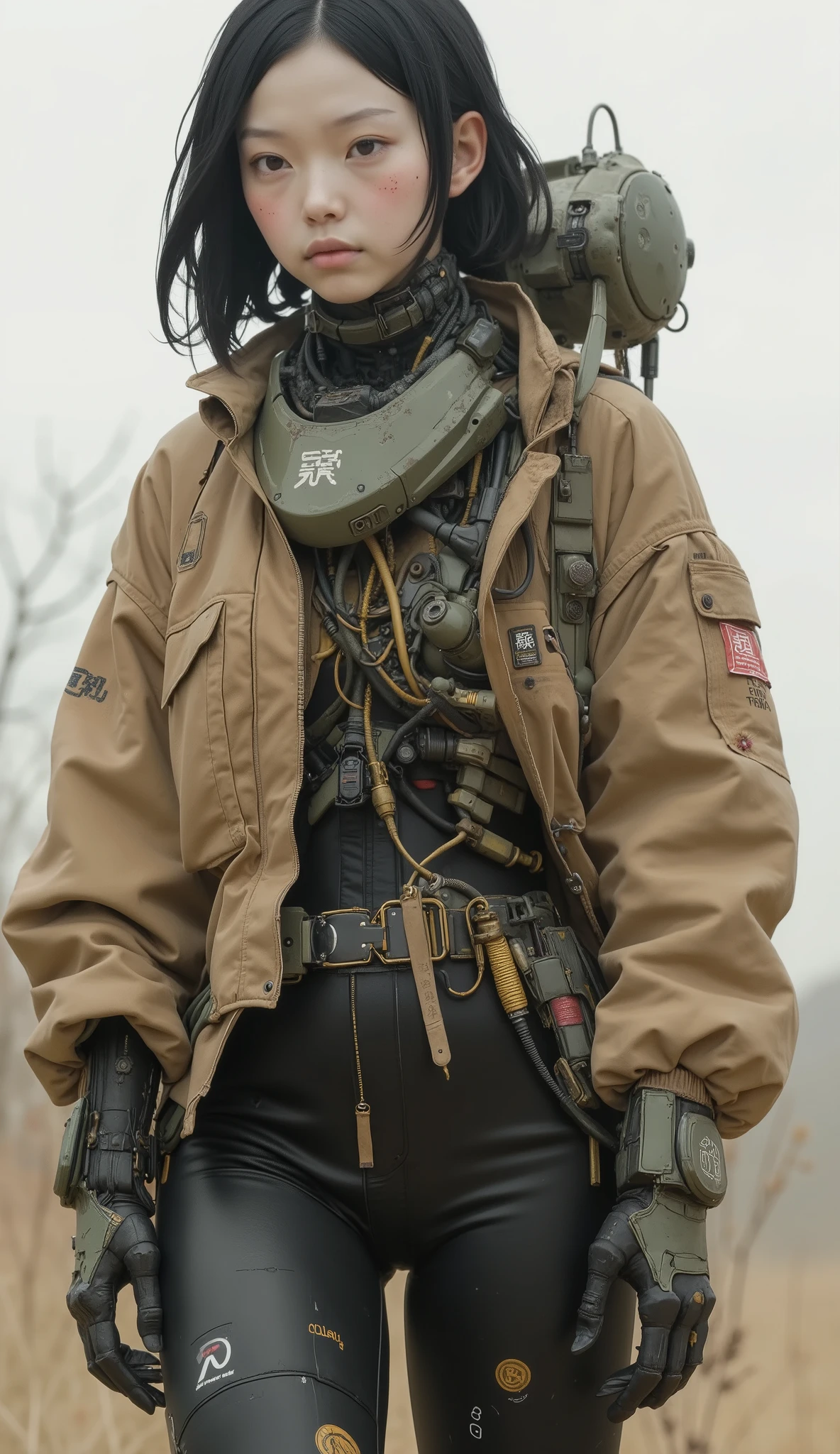 young woman's large, 装甲Mecha, Stylized symbols and Chinese characters are also characterized by. Mecha, a sophisticated blend of modern and futuristic design, is primarily olive green with intricate paneling and mechanical joints that suggest strength and precision. markings such as "SOLG" and "8C5" 表面に深みandディテールを与えています, lending depth and detail to its surface. The woman wears a fashionable ensemble of a tan jacket and sleek black pants with golden accents, which seem both functional and stylish. 女性は黄褐色のジャケットand金色のアクセントが付いた洗練された黒のパンツandいうおしゃれなアンサンブルを着ています. The atmospheric composition combines elements of fantasy and science fiction, evoking themes of adventure and exploration in a world blending technology with natural beauty.
