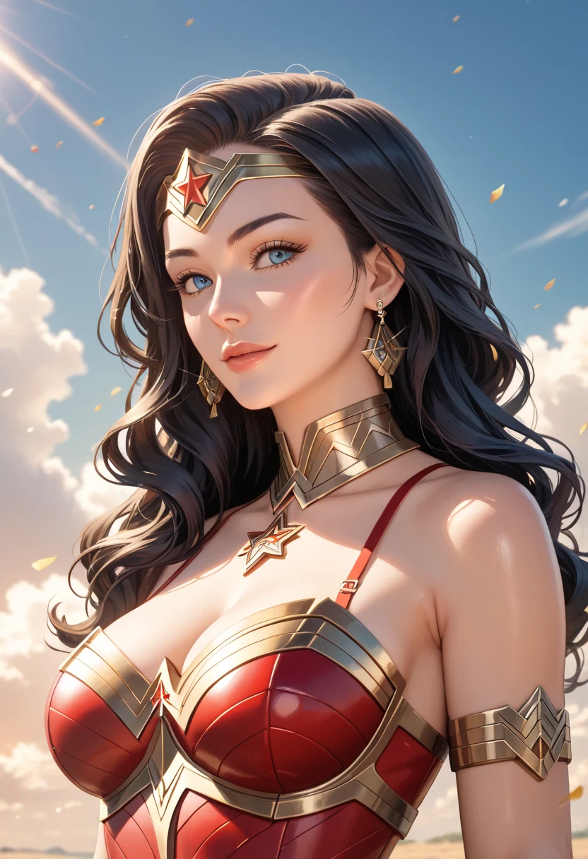 high_quality, highres, beautiful, detailed, (masterpiece, best quality:1.2), absurdres, 8k, HDR, 1girl, armor, bare shoulders, black hair, blue eyes, breasts, circlet, cleavage, collarbone, headband, leotard, long hair, looking at viewer, medium breasts, outdoors, solo, standing, star symbol, strapless, sunset, superhero, dynamic angle, dynamic posing