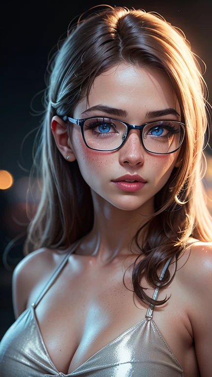 (UHD, retina, masterpiece, accurate, anatomically correct, textured skin, super detail, high details, high quality, best quality, high res, 1080P, HD, 4K, 8k, 16k), (beautiful detailed blue eyes, beautiful detailed lips, extremely detailed eyes and face), studio lighting, physically-based rendering, vivid colors, (large sexy breasts, glamorous body), (see through dress), (portrait, side cut, shiny hair, shiny skin, blush), (bokeh), eye reflection,, dark atmosphere, highly detailed skin texture, extreme details, perfect breast, dark tanned skin, freckles,, ultra detailed skin texture, soft lights,pale skin, glasses