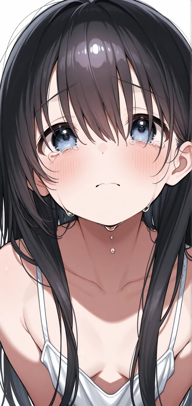 (((masterpiece, Highest quality:1.3,absurdres))),25 year old beauty,solo,((very small head:1.3)),long hair,bangs,(dark blue hair),dark blue eyes,gorgeous eyes,shy,tears,tongue、drooling,medium breasts,((very long body:1.3)),((toned body,slender body)),skinny,((tan skin:1.5)),gleaming skin,shiny skin,sweat,(incontinence,Urine dripping down thighs),((White tank top、Yellow pleated mini skirt)),barefoot、White panties、arms up,standing,spread legs,on street,Back Alley、New York City、