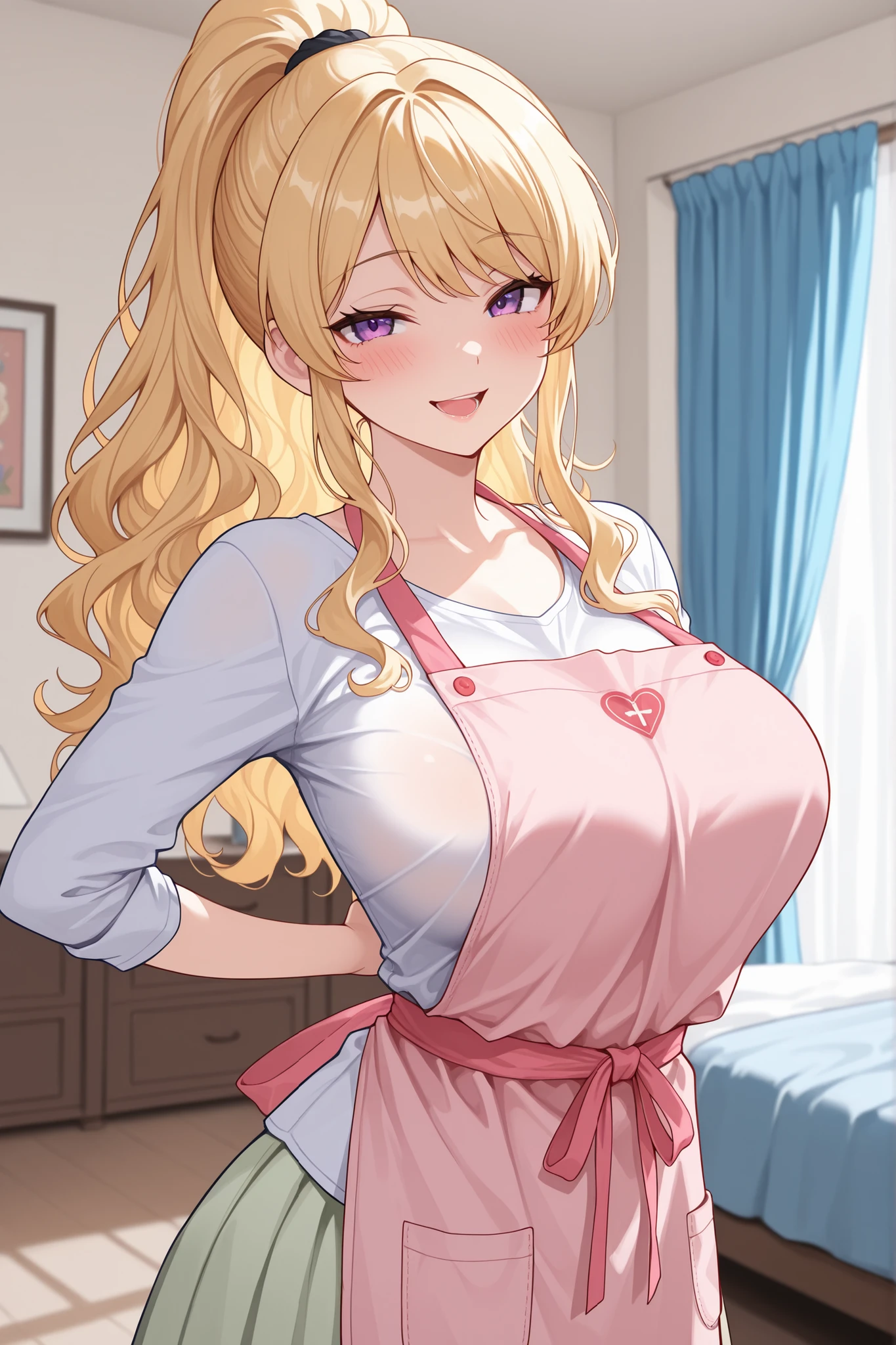 {{{masterpiece}}}, {{{best quality}}}, {{ultra-detailed}}, 1girl, (detailed skin texture), youthful face
, 1girl, yadatoka, blonde hair, high ponytail, side lock, wavy hair, purple eyes, large breast, beautiful breast, white dresses shirt, pink apron, taking off apron with hands, undressing apron, light green skirt, looking at viewer, standing, straight posture, blush, seductive smile, open mouth, living room, bed, blue curtains, upper body,(from the same level)