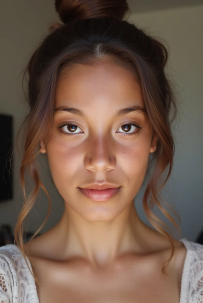 (front facing camera),(Texture de la peau, pores, naturel,iPhone,brut)), bright and sunny lighting, Full body photo&#39;a woman with her hair styled to the side and wearing a ((tight)) , nikon z9, Realistic matte skin,blurred landscape with green trees and grassy hills in the background,