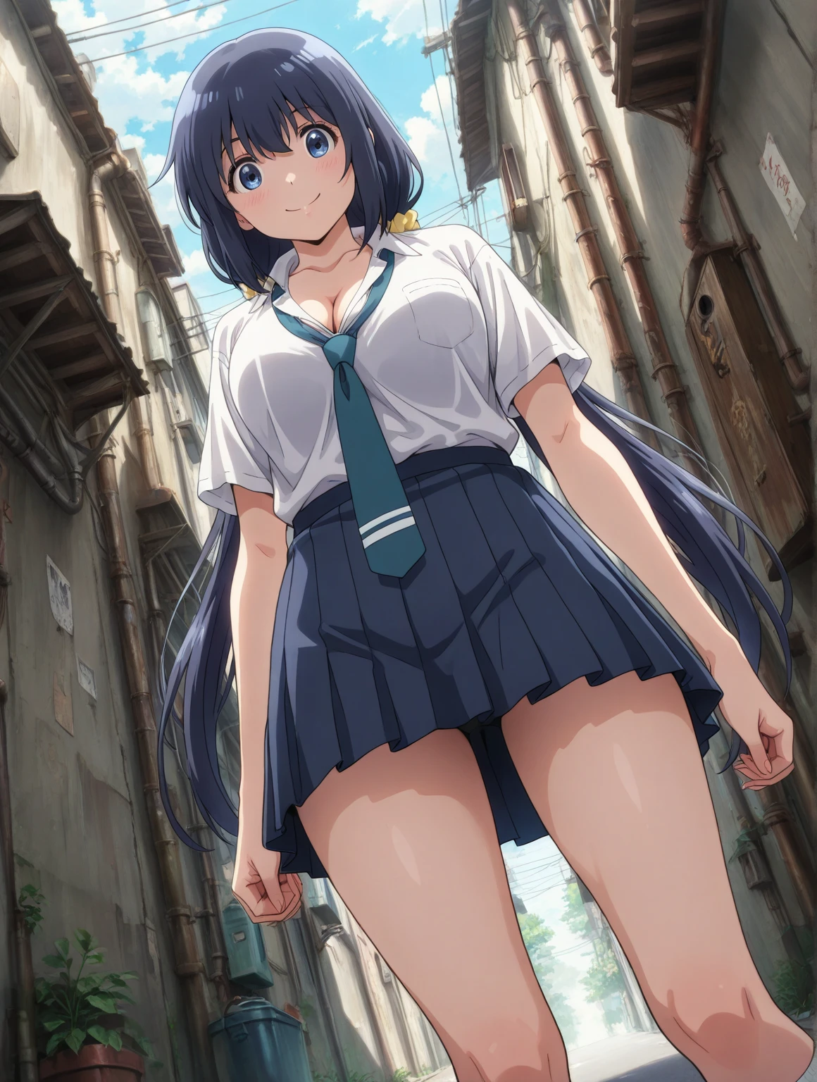 a girl is sitting at a set of street signs in japan, 1girl, barefoot, skirt, solo, blue eyes, underwear, shirt, long hair, white panties, panties, blue skirt, bow, blush, navel, arm up, sign, bangs, black hair, blurry background, blue bow, clothes lift, pleated skirt, hair between eyes, blurry, :<, parted lips, short sleeves, very long hair, skirt lift