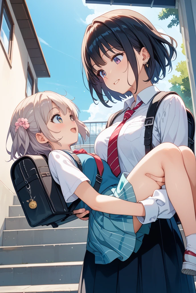 indoor,((classroom)),,Focus from below, Green Eyes, Grey Hair, hair ornaments, bangs, Virtual YouTuber, blunt bangs, Double Bang, Animal ears, Flat Chest,uniform,Pink Panties,blush,in heat,steam,1boy, male,Piggyback ride,Cover your face with your skirt,Men are down,Woman on top