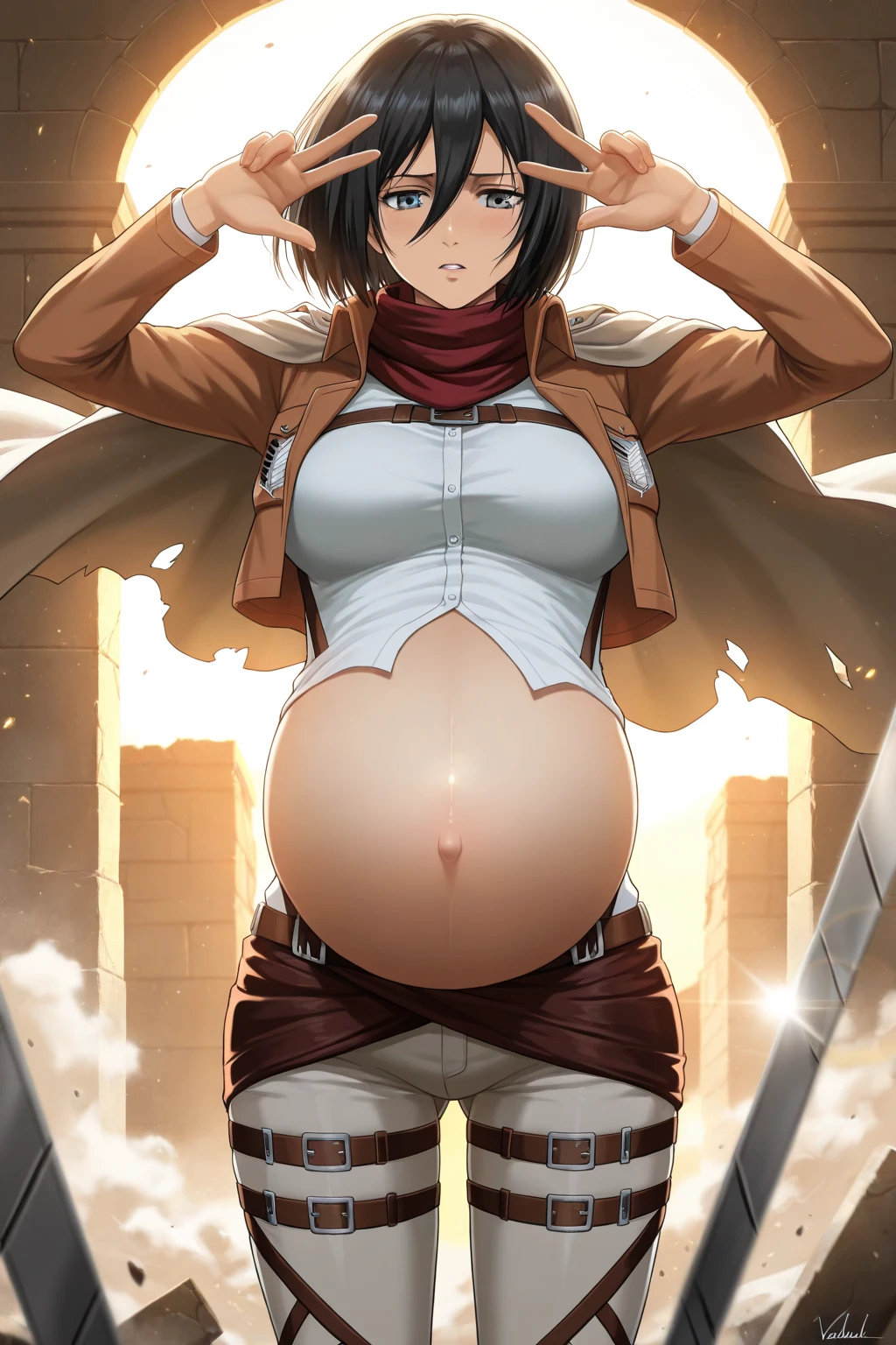 Eren yeagr from attack on titan anime He has long brown hair and turquoise eyes and is pregnant.