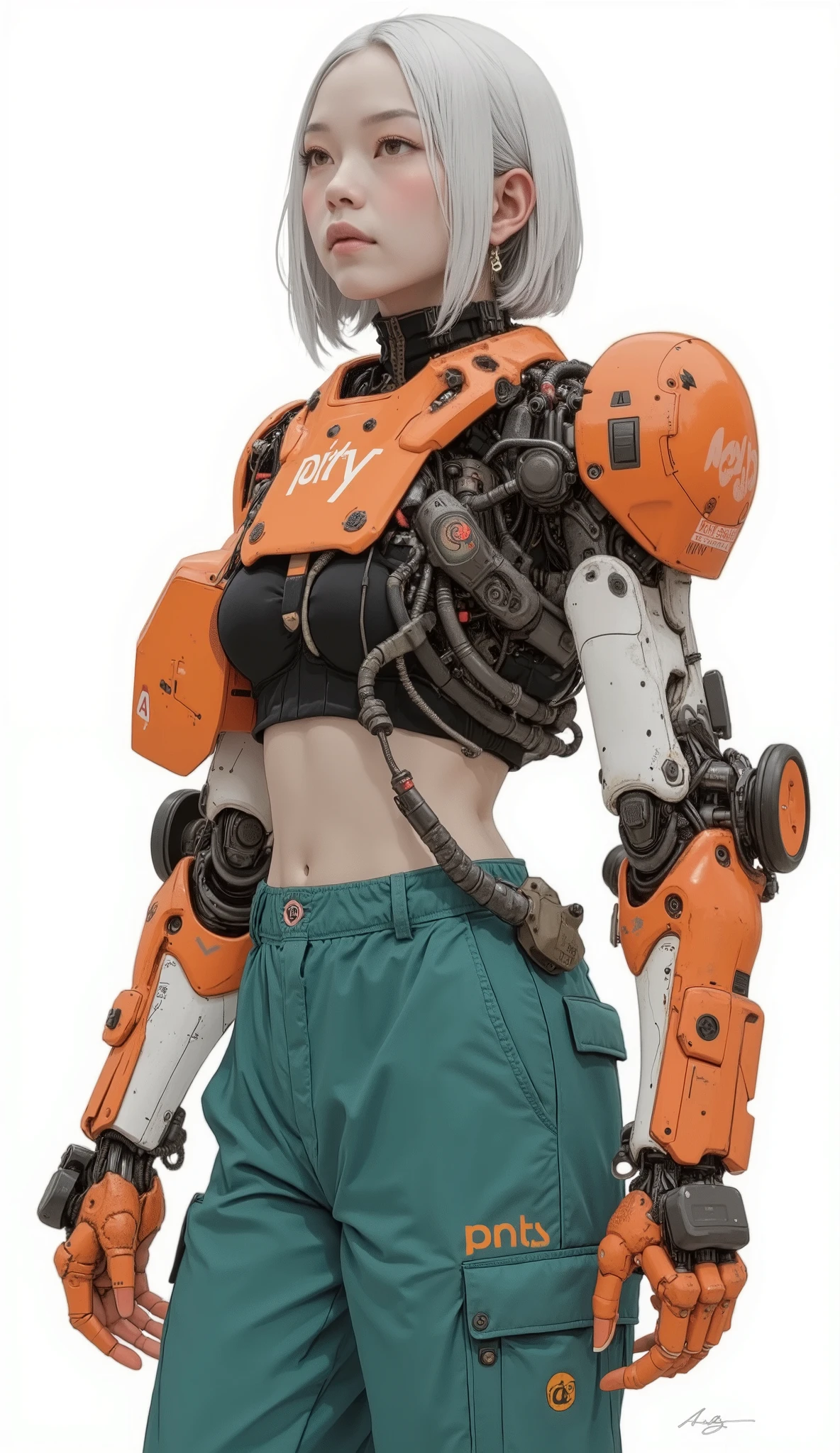 short haired young woman, Gray hair is at the center of the image、The athletic figure is at the center of the image. she's wearing black, sleeveless crop top and loose teal cargo pants, oversized The orange and white color scheme of the casual, PRACTICAL ATMOSPHERE. Her expression is calm yet focused. Includes a huge robotic arm that can move her fingers in multiple joints, The orange exoskeleton suit wraps around her body. This suit features intricate mechanical parts and resembles a、futuristic robot Armor, 、Black and red, Control。. suit with components contrasts with the teal pants, and the、adds vivid energy to the image. Minimal background, highlight both the impressive design of the mechanical suit and the woman's strong presence. has the, style text wraps around her body "pnty," says。The title of the work or artist's signature.