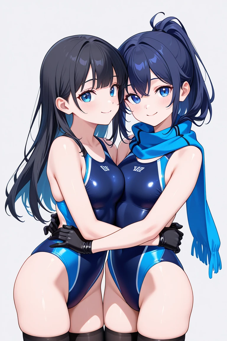 ((​masterpiece、top-quality:1.5、a high chroma:1.5、ultra-detailliert、high-resolution illustrations:1.5、Ultra-high-definition CG、8k size wallpaper、offcial art))、(yuri),(2girls,twin sisters),(cute face:1.5)、(clear face:1.3),
(white-only color scheme:1.5), (blue-only color scheme:1.5),(sexy body),(One only wears white, one only wears blue),(strapless leotard),(long hair), ((small breasts))、
,(yuri),(hug)、(upper body)、