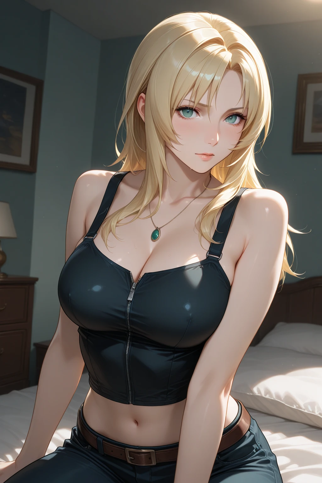 (best quality, highres, photorealistic), portrait, elegant mature woman, blue eyes, long hair, swept-side bang, blonde hair, see through tank top, big breast, ultra detailed cg 8k, beautiful cg, soft light