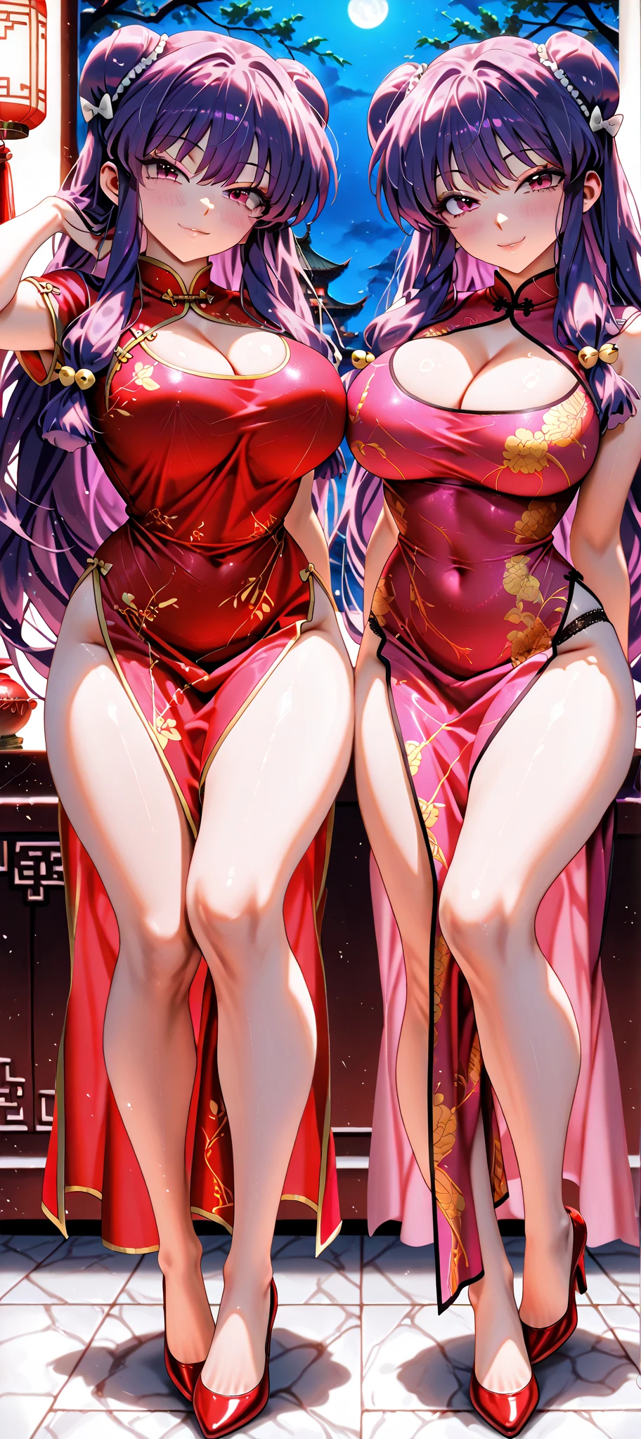 Young beautiful woman,(Highest quality,Extremely detailed depiction,Incredibly absurd high resolution,Anatomically accurate depiction,Two lovely hands, Five perfect fingers,Curvy Legs),(Glowing Skin,Shiny skin),((A cheongsam made of strong, shiny satin fabric)),Rainbow gradient sleeves,Intricate and gorgeous embroidery,accessories,See-through,eyelash,eye shadow,Glowing pink eyes,There is cleavage in the chest,Glossy Lips,Shadowed face,Put your hand on your chin,A seductive smile,whole body,Light blush,background:Chinese-style mansion,Standing posture