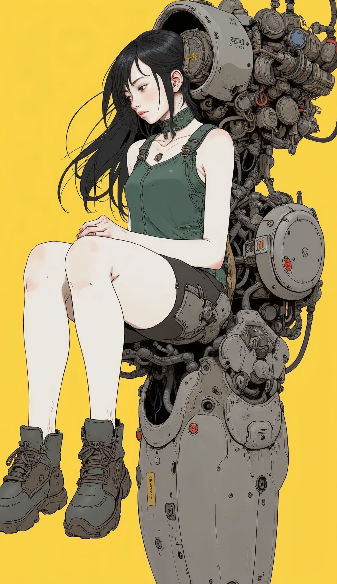 in this impressive image, young girl on her way to change clothes, probably early teens, Like a futuristic, which suggests a relaxed posture. and adds pop colors to complement futuristic and imaginative themes {x} as if you were thoughtful Short black hair that is visible and frames the face is framing the face {x} The girl is casually wearing a green sleeveless top and shorts。, 。is a shade of gray with intricate mechanical details. The open cockpit of heavy industry machinery, Open cockpit mecha suit.
The mecha itself is large、, Hall々Innovative architecture, that serve as a firm base, and stand out for her childlike innocence. Advanced technology. I'm sitting inside。The surface is smooth yet sturdy, joint, pistons, and hydraulic lines are displayed, Her legs hang comfortably from the seat。.
This design is impressive, The varied controls surrounding、The Mecha's open cockpit is clean and spacious. Background is solid color, accentuate her oversized legs, bright yellow contrasts vividly with the mechanical grayscale. The overall atmosphere is juxtaposed, It's an atmosphere of mixed.