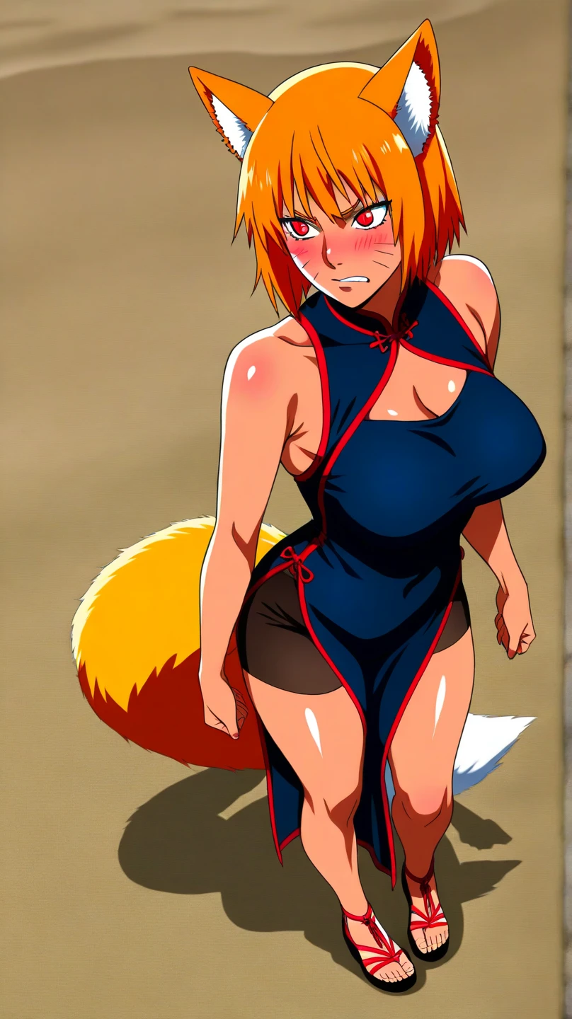 Roxanne Demin kin 1girl, solo, medium breasts, body position: standing, straight, symmetrical, barefoot, lustful smile on face with red blush, fluffy ears, dog ears, blonde hair