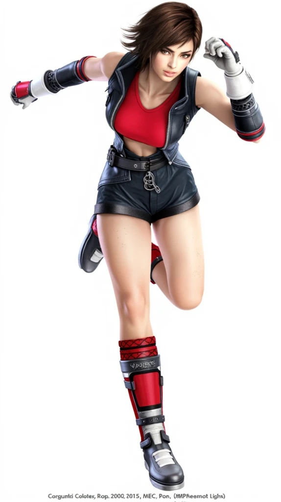 (Masterpiece, plain background:1.2) Blackest blacked dark skin elf 1sologirl (8k, best quality, masterpiece:1.2) (realistic, photo-realistic:1.37) (full body) 1female solo girl, standing straight  symmetrical contrapposto 2legs apart (wide stance) ultra detailed, cute (beautiful detailed eyes) (smile:1.2) (closed mouth) (red cheeks) sharp focus, depth of field, good composition, very long straight WHITE SILVER hair, hair bang ((red eyes)), intricate, bokeh (Tetsuya Nomura style) perfect knockers, white tank top, black thong, suspenders, red gloves gauntlets, white stockings, toned body, athletic, wide hips, thin waist, toned arms, exposed abdomen, abs toned, navel, big belly button belt, view from behind