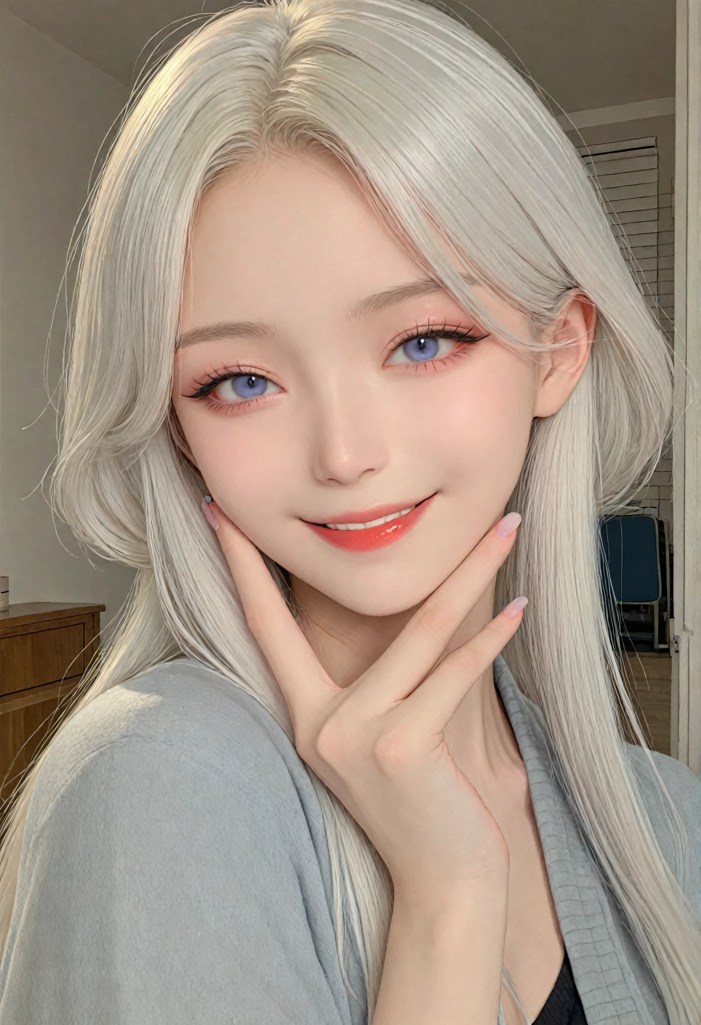 Best image quality、RAW Photos、超A high resolution、21 years old Korean, 、Dynamic Angle、Cowboy Shot、Chaos in its most beautiful form、elegant、Brutalist Design、Vibrant colors、Beautiful white hair、Short Bob、smile、fun、smile、Glowing White Skin、Beautiful eyes with random colors、Very thin lips、Beautiful eyes in every detail、length, Narrow eyes、Cheeks are pale pink、length eyelashes、Beautiful double eyelids、eye shadow、Bright white hair、Overalls、city、Photographed from diagonally above、Selfie、Full Body Shot、The  is visible、