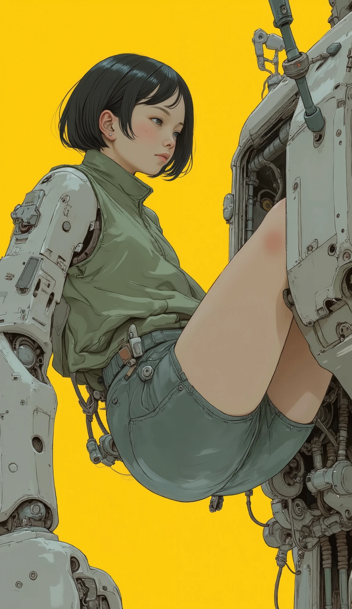 in this impressive image, young girl on her way to change clothes, probably early teens, Like a futuristic, which suggests a relaxed posture. and adds pop colors to complement futuristic and imaginative themes {x} as if you were thoughtful Short black hair that is visible and frames the face is framing the face {x} The girl is casually wearing a green sleeveless top and shorts。, 。is a shade of gray with intricate mechanical details. The open cockpit of heavy industry machinery, Open cockpit mecha suit. The mecha itself is large、, Hall々Innovative architecture, that serve as a firm base, and stand out for her childlike innocence. Advanced technology. I'm sitting inside。The surface is smooth yet sturdy, joint, pistons, and hydraulic lines are displayed, Her legs hang comfortably from the seat。. This design is impressive, The varied controls surrounding、The Mecha's open cockpit is clean and spacious. Background is solid color, accentuate her oversized legs, bright yellow contrasts vividly with the mechanical grayscale. The overall atmosphere is juxtaposed, It's an atmosphere of mixed.