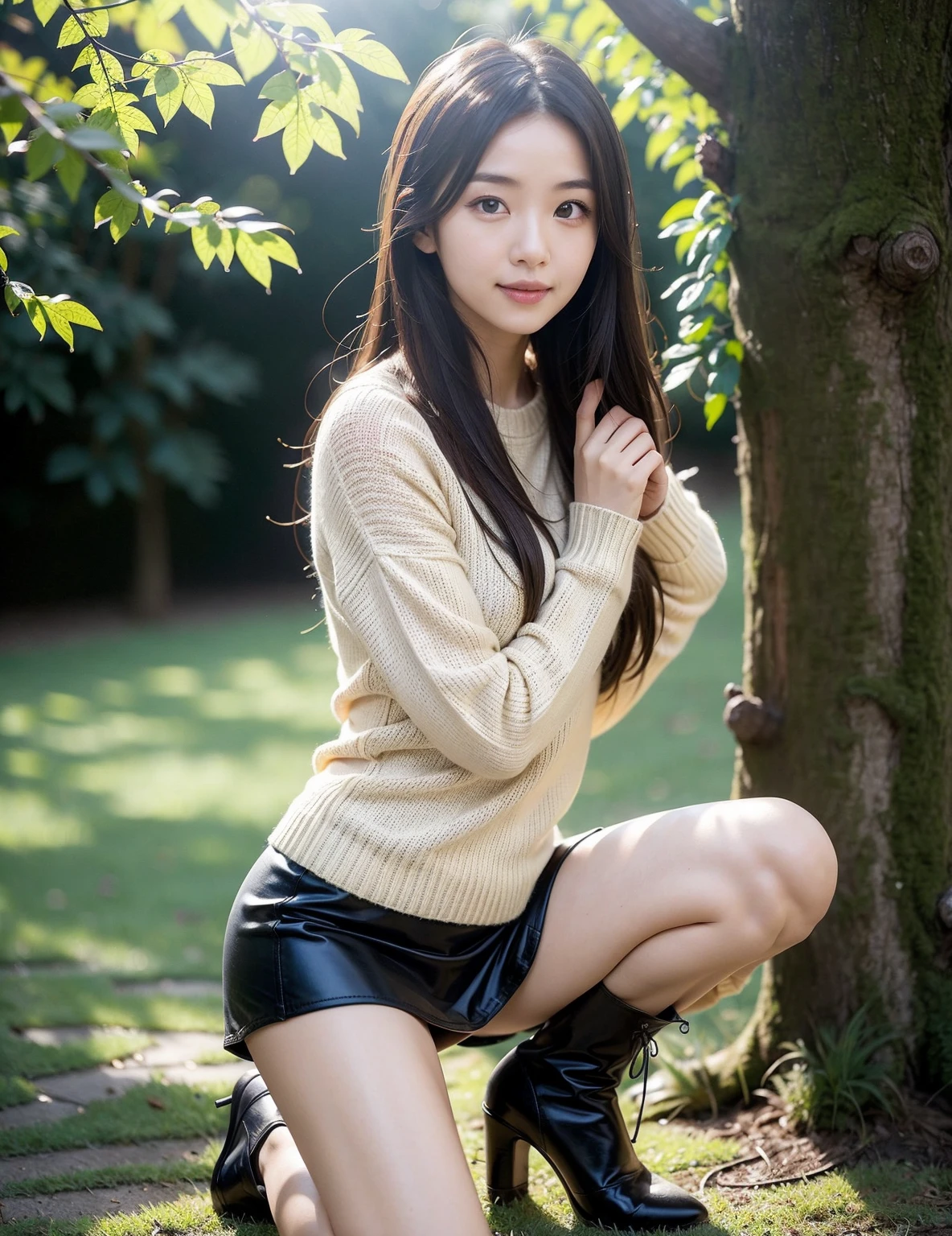 ((highest quality、8k、masterpiece:1.3)),((((fullbody shot)))),Ultra-high resolution,big eyes,Japanese,bangs,(a girl),(1 girl),((20 years old)),((facing at viewer)),(long hair),(((black sweater))),grin,((squatting)),((pleated mini skirt)),(((pussy))),((pubic hair)),((skirt lift)),(((black short crew socks)))