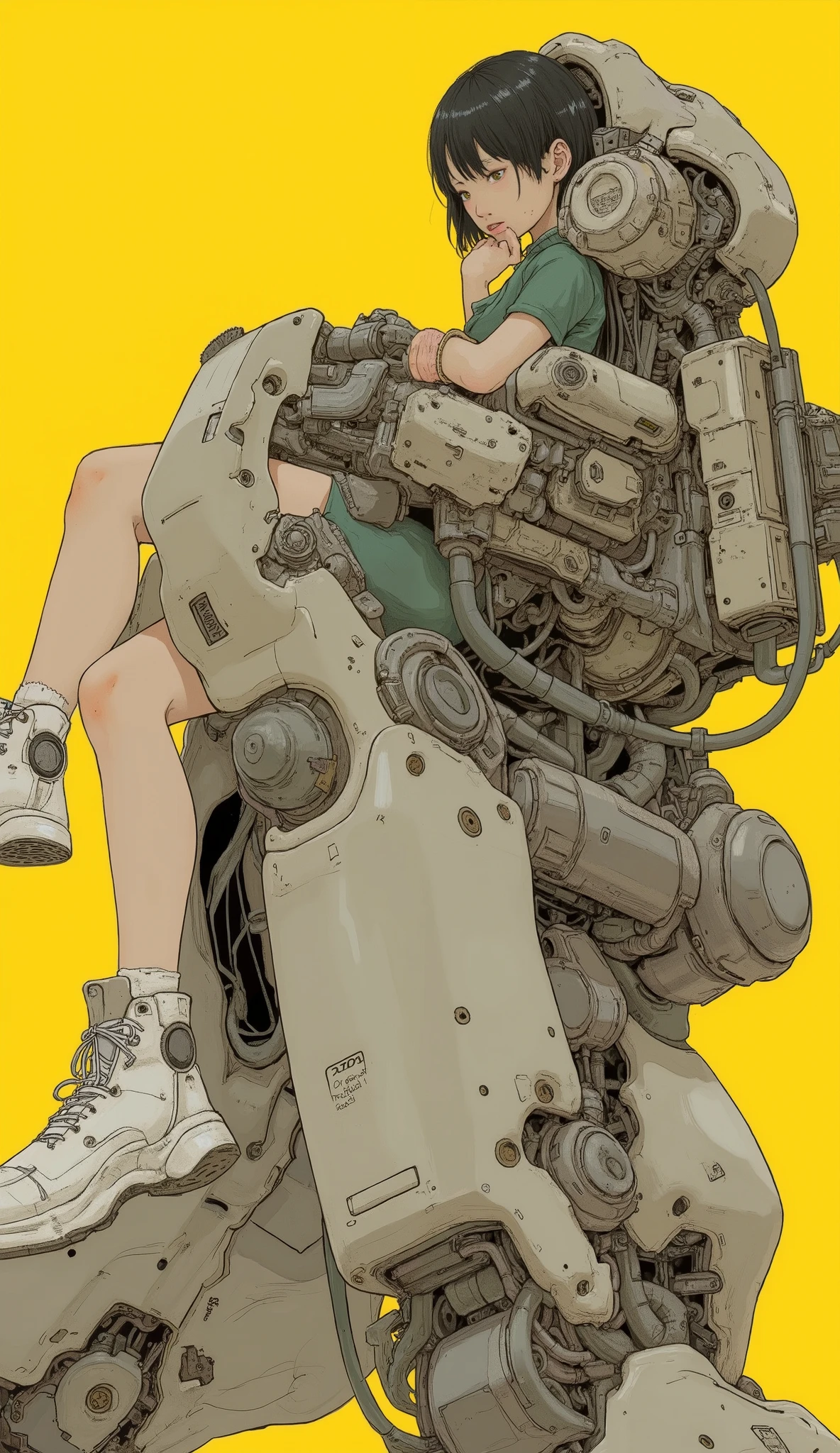 in this impressive image, young girl on her way to change clothes, probably early teens, Like a futuristic, which suggests a relaxed posture. and adds pop colors to complement futuristic and imaginative themes {x} as if you were thoughtful Short black hair that is visible and frames the face is framing the face {x} The girl is casually wearing a green sleeveless top and shorts。, 。is a shade of gray with intricate mechanical details. The open cockpit of heavy industry machinery, Open cockpit mecha suit. The mecha itself is large、, Hall々Innovative architecture, that serve as a firm base, and stand out for her childlike innocence. Advanced technology. I'm sitting inside。The surface is smooth yet sturdy, joint, pistons, and hydraulic lines are displayed, Her legs hang comfortably from the seat。. This design is impressive, The varied controls surrounding、The Mecha's open cockpit is clean and spacious. Background is solid color, accentuate her oversized legs, bright yellow contrasts vividly with the mechanical grayscale. The overall atmosphere is juxtaposed, It's an atmosphere of mixed.