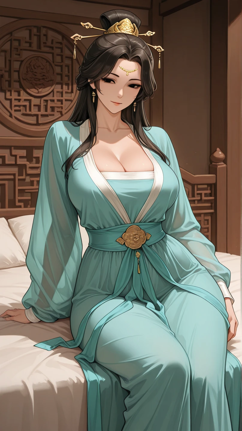 ((masterpiece)), ((best quality)), (ultra-detailed), (realistic), beautiful face, detailed hands, expressive eyes, 1girl, solo, mature female, milf, motherly, forehead, big breasts, narrow waist, wide hips, curvy, (straight hair, long hair, high ponytail, dark hair, dark eyes, blue kimono, cleavage), dojo, looking at viewer, cowboy shot, seductive smile, sitting