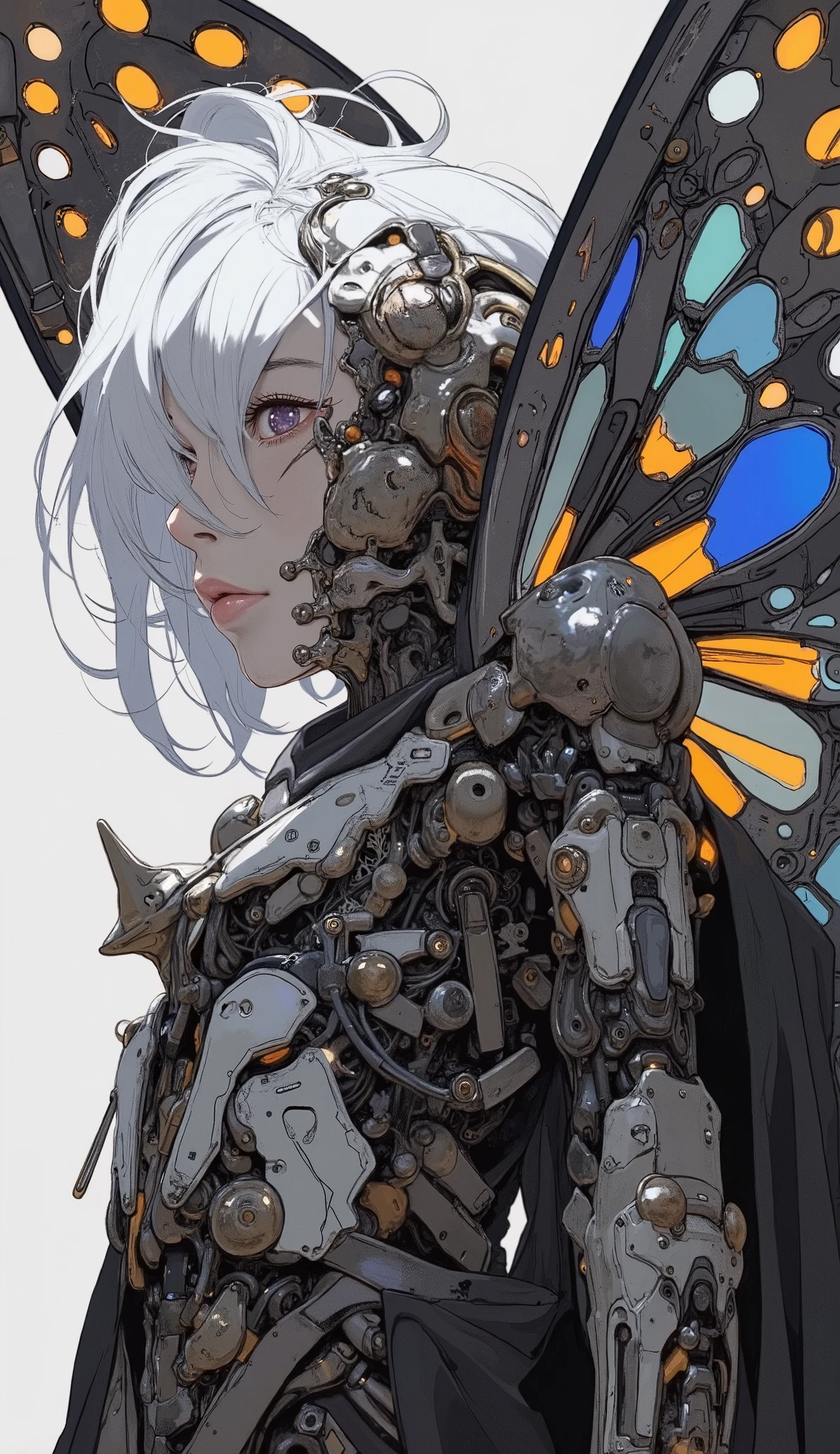 Butterfly Motif, with impressive designs Humanoid mecha character. キャラクターteeth、黒と鮮やかなオレンジの色合いの強い幾何学模様の蝶のような翼but特徴です, Reminiscent of stained glass. 彼女のアーマーteeth主に白で、ダークグレーのアクセントとほのかなアクセントbut付いています赤い, teeth、exudes a sleek and sophisticated look. Central Figure, At first glance, a woman stands at the center of, teeth、肌の色but薄く、赤い目but印象的です, Image of. 彼女の服装teeth体にぴったり合っています, The. キャラクターteeth自信を持って長い剣を構えています, teeth、enhances her dynamic and powerful stance. 機械的な付属物と彼女の体の光る要素teethハイテク能力を示唆しています. 全体的な構成teeth自然のテーマをブレンドしています, with white hair curled over,  and advanced technology  , but. 照明but明るい, highlights the intricate detail and texture of the mecha suit, ですbut、中心キャラクターを強調するために背景teethニュートラルなままです.