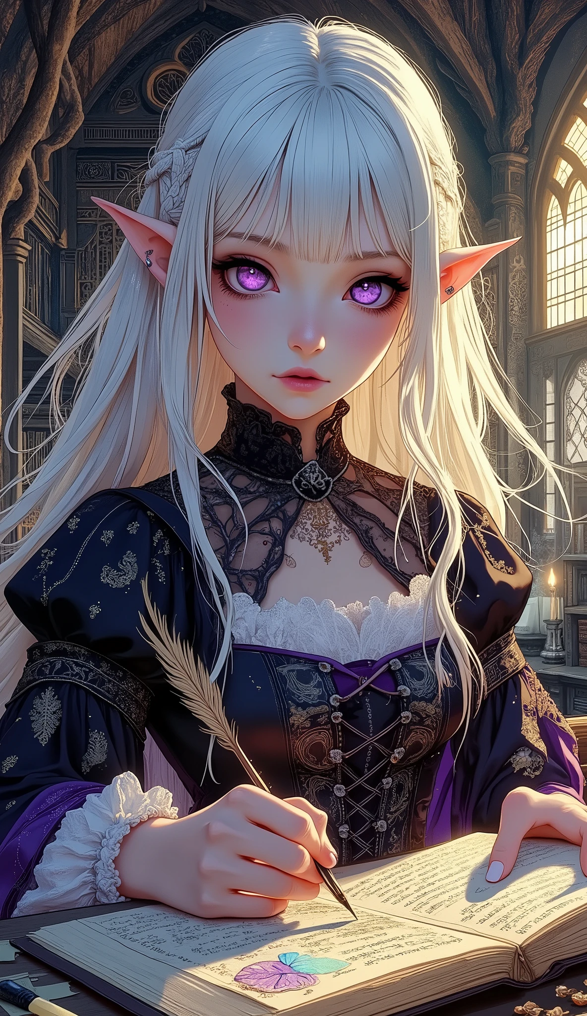 (A fusion of Ukiyo-e and dark fantasy. Aesthetic and gothic digital art. Draw a detailed face. Look away.) BREAK
(White hair. Blunt bangs. White eyebrows. Long white eyelashes. Almond-shaped eyes. Lavender eyes. Dark, thick eyeliner. Small pink lips. Slightly pointy ears. Dark purple skin. Thin limbs. Thin fingers. White fingernails. Very expressive.) BREAK
(The female Dark Elf scribe priestess is in a huge dome-shaped library with a 15th-century Northern European style. The library is filled with trees engraved with beautiful ancient characters, and the large, shining leaves are inscribed with the deeds of the gods in writing and illustrations. The female scribe holds a quill pen made from peacock feathers and writes on the leaves with the pen on a large wooden desk. The woman is wearing a 15th-century French court-style lace-up dress. Golden beams of light stream through the gaps between the ceiling and the leaves of the trees, casting a magical glow throughout the room.)