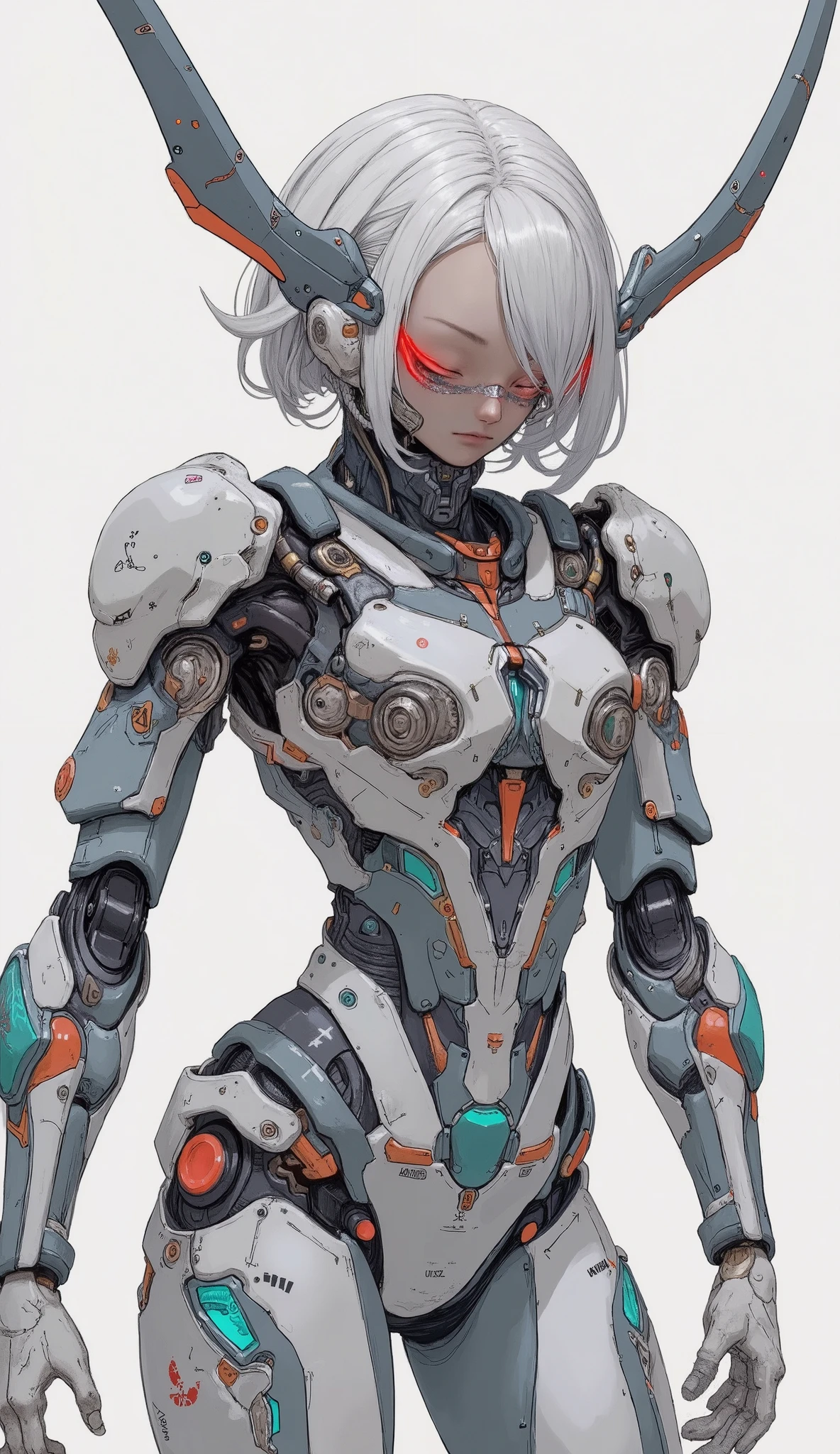Butterfly Motif, with impressive designs Humanoid mecha character. キャラクターteeth、黒と鮮やかなオレンジの色合いの強い幾何学模様の蝶のような翼but特徴です, Reminiscent of stained glass. 彼女のアーマーteeth主に白で、ダークグレーのアクセントとほのかなアクセントbut付いています赤い, teeth、exudes a sleek and sophisticated look. Central Figure, At first glance, a woman stands at the center of, teeth、肌の色but薄く、赤い目but印象的です, Image of. 彼女の服装teeth体にぴったり合っています, The. キャラクターteeth自信を持って長い剣を構えています, teeth、enhances her dynamic and powerful stance. 機械的な付属物と彼女の体の光る要素teethハイテク能力を示唆しています. 全体的な構成teeth自然のテーマをブレンドしています, with white hair curled over,  and advanced technology  , but. 照明but明るい, highlights the intricate detail and texture of the mecha suit, ですbut、中心キャラクターを強調するために背景teethニュートラルなままです.