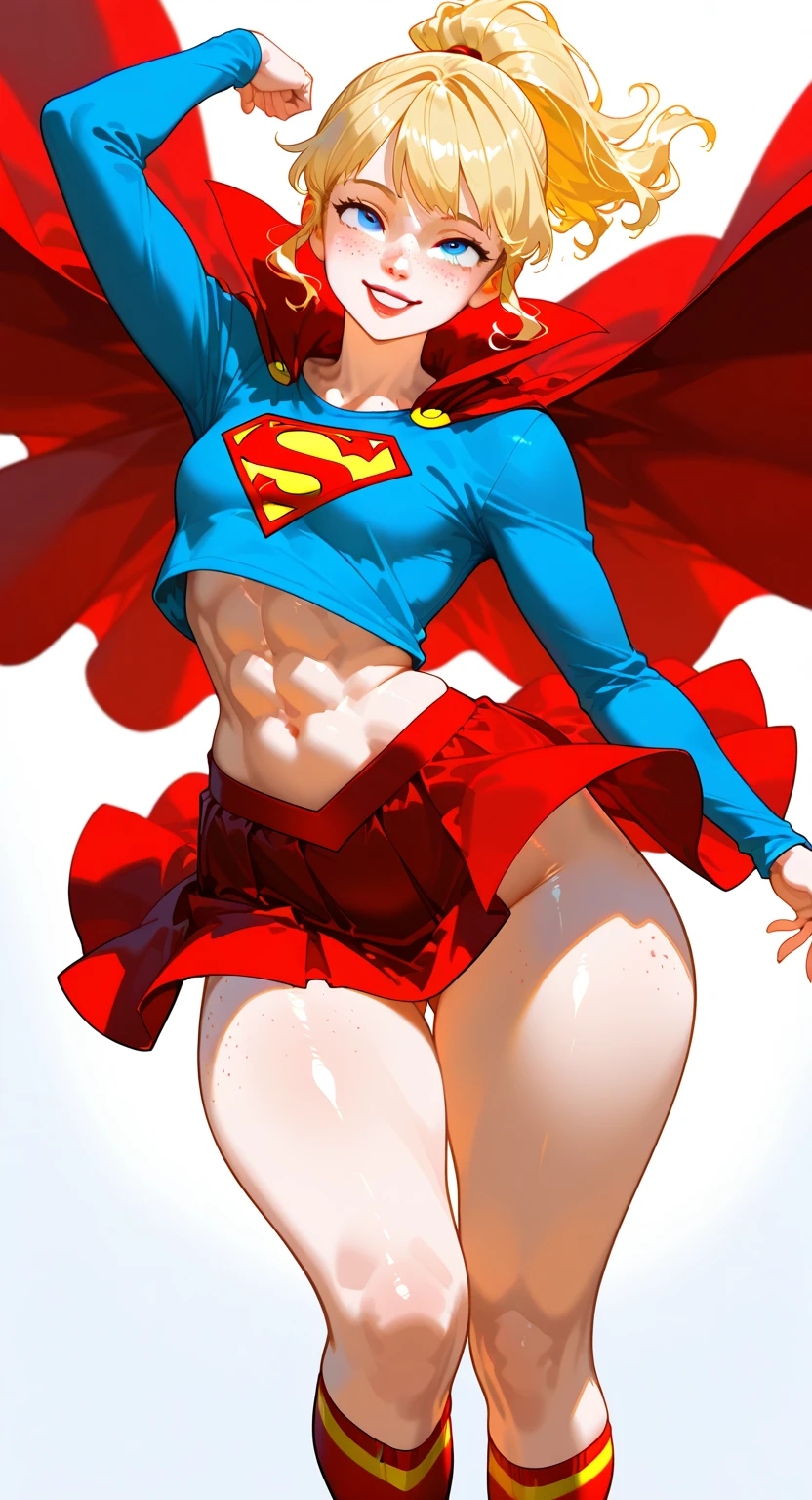 (full body), (masterpiece:1.2), (Highest_quality:1.2), (Ultra_detailed:1.3), 8K,Low - Angle,From below,1 Girl,alone,大きなButtの女の子, red knee high long boots,wearing spcc costume with cape,( Supergirl), Blue leotard,Red mini skirt,Red Cape,gloves,hoshino-ponytail,hoshino \(blue archive\), heterochromia,medium hair,ponytail,pink hair,ahoge,Halation,Browsing Caution,Heart-shaped pupils,orgasm, Butt,Sweat,(urination)